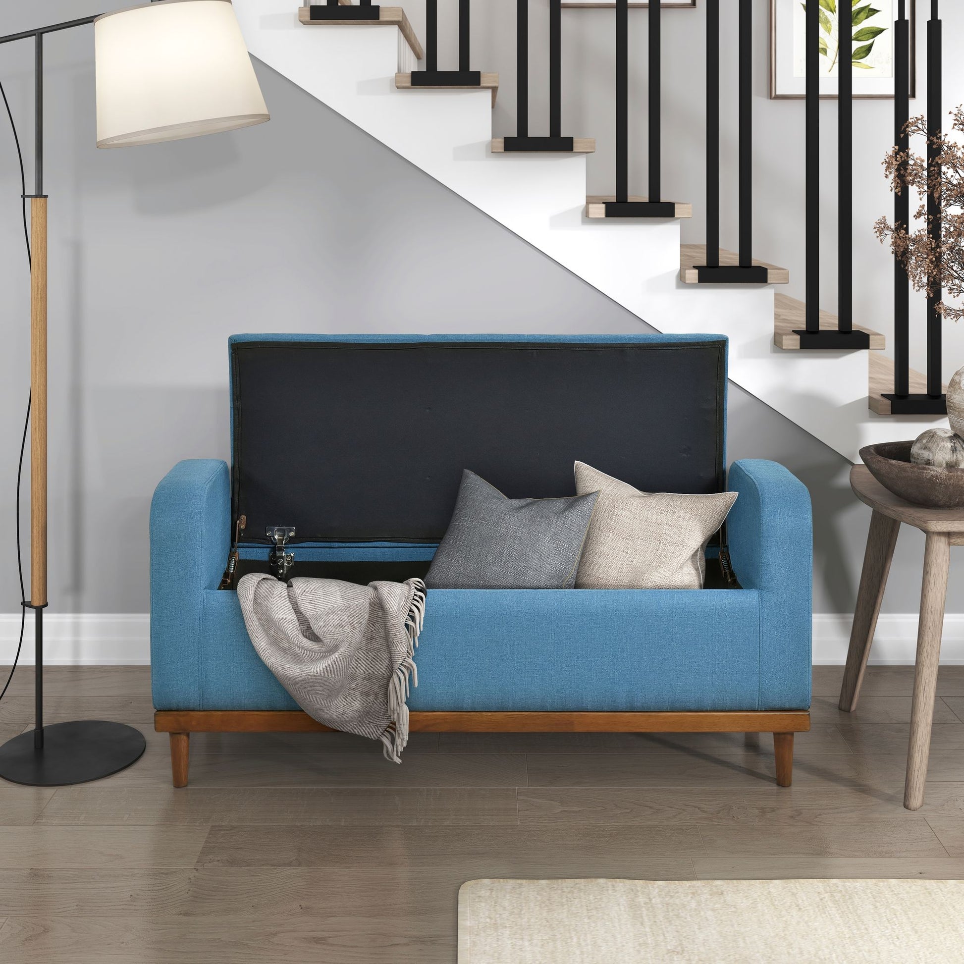Mid-Century Modern Lift Top Storage Bench 1pc Tufted Blue Upholstered Solid Wood Walnut Finish Wooden Furniture image 3