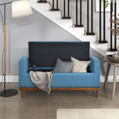 Mid-Century Modern Lift Top Storage Bench 1pc Tufted Blue Upholstered Solid Wood Walnut Finish Wooden Furniture image 3