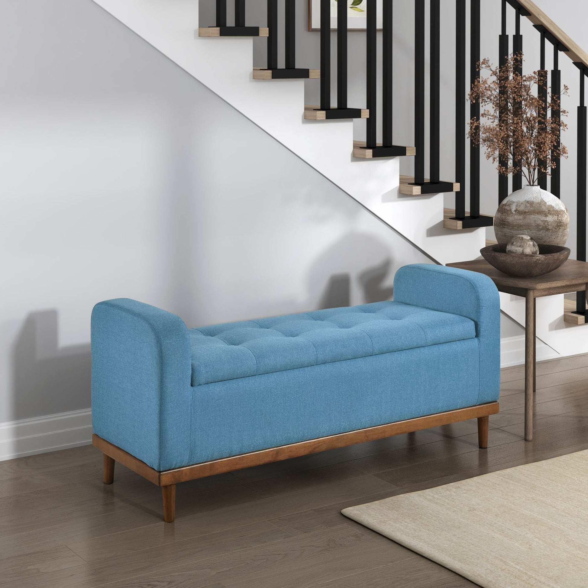 Mid-Century Modern Lift Top Storage Bench 1pc Tufted Blue Upholstered Solid Wood Walnut Finish Wooden Furniture image 2