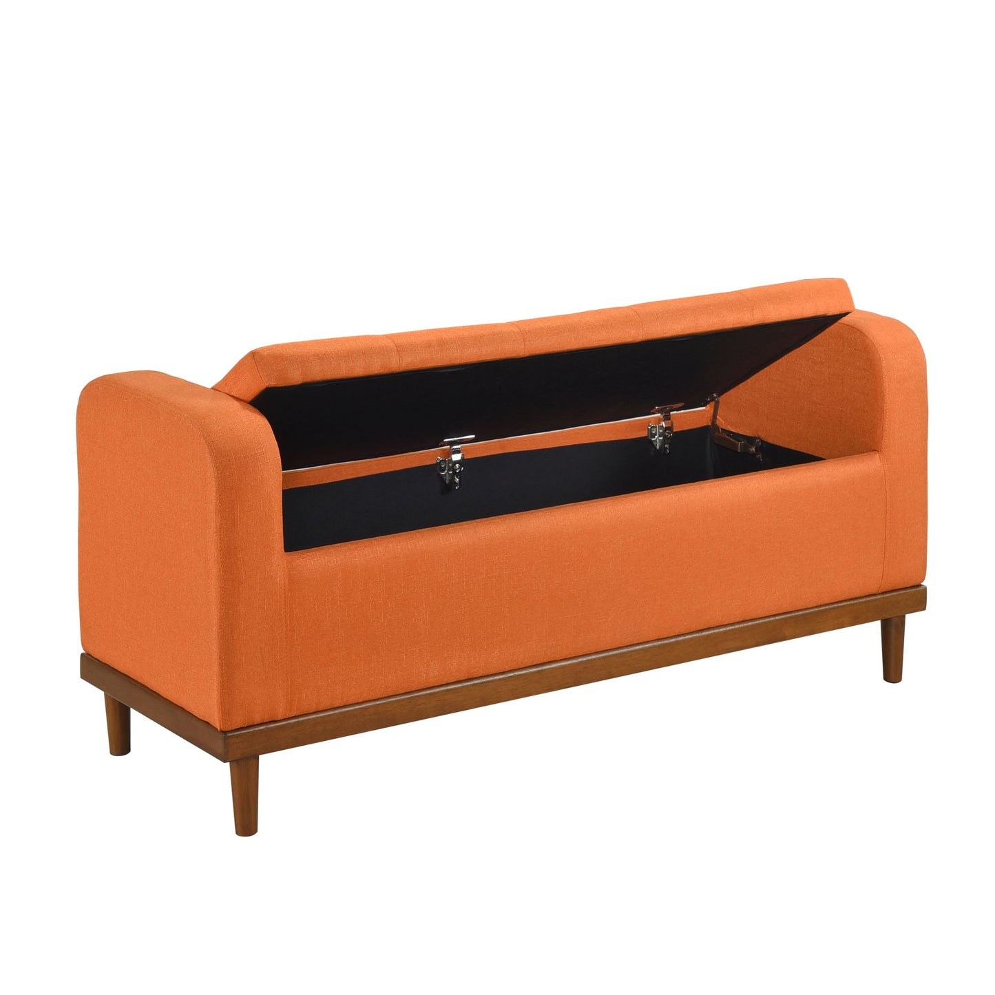 Mid-Century Modern Lift Top Storage Bench 1pc Tufted Orange Upholstered Solid Wood Walnut Finish Wooden Furniture image 5