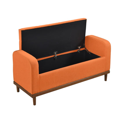 Mid-Century Modern Lift Top Storage Bench 1pc Tufted Orange Upholstered Solid Wood Walnut Finish Wooden Furniture image 6