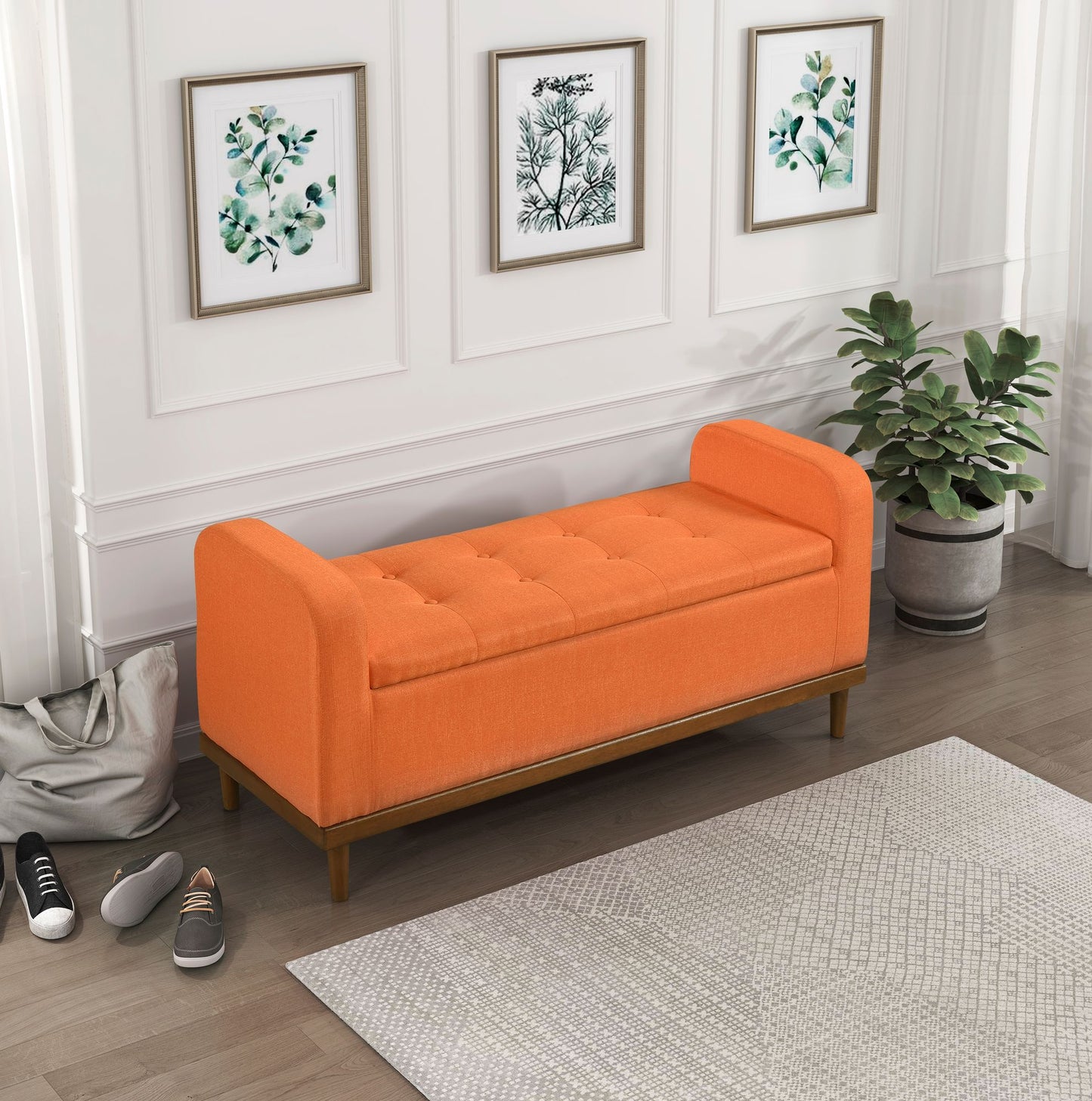 Mid-Century Modern Lift Top Storage Bench 1pc Tufted Orange Upholstered Solid Wood Walnut Finish Wooden Furniture image 1