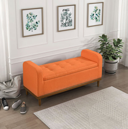 Mid-Century Modern Lift Top Storage Bench 1pc Tufted Orange Upholstered Solid Wood Walnut Finish Wooden Furniture image 1