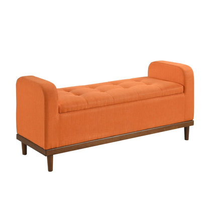 Mid-Century Modern Lift Top Storage Bench 1pc Tufted Orange Upholstered Solid Wood Walnut Finish Wooden Furniture image 4