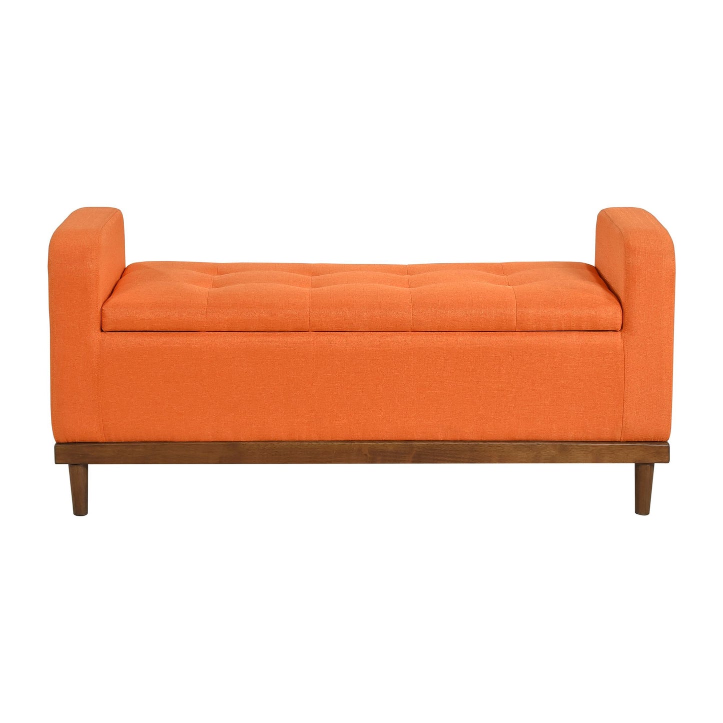 Mid-Century Modern Lift Top Storage Bench 1pc Tufted Orange Upholstered Solid Wood Walnut Finish Wooden Furniture image 3