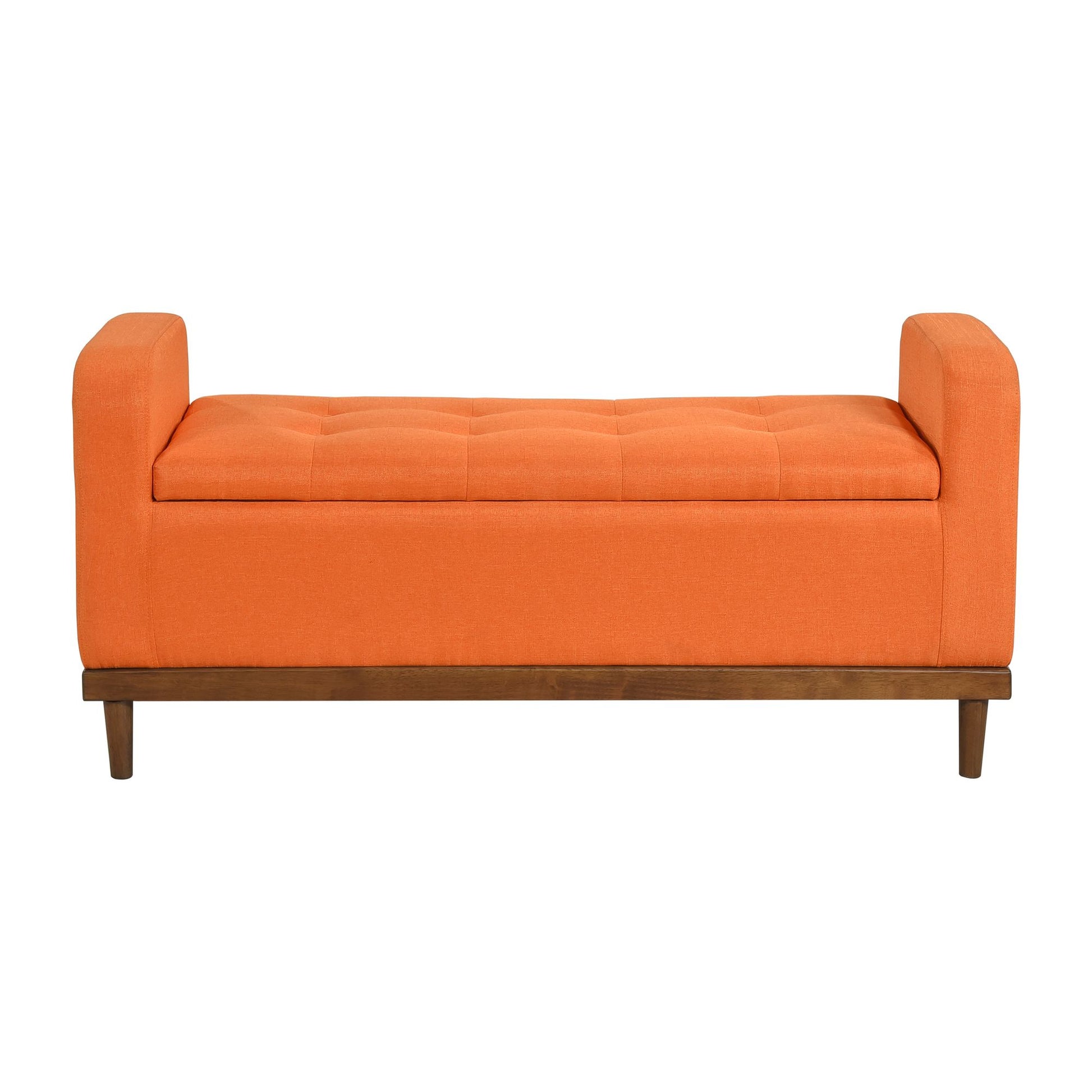 Mid-Century Modern Lift Top Storage Bench 1pc Tufted Orange Upholstered Solid Wood Walnut Finish Wooden Furniture image 3