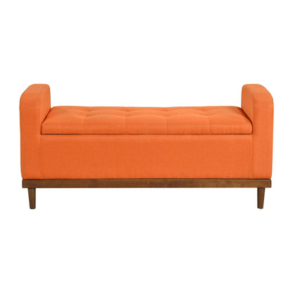 Mid-Century Modern Lift Top Storage Bench 1pc Tufted Orange Upholstered Solid Wood Walnut Finish Wooden Furniture image 3