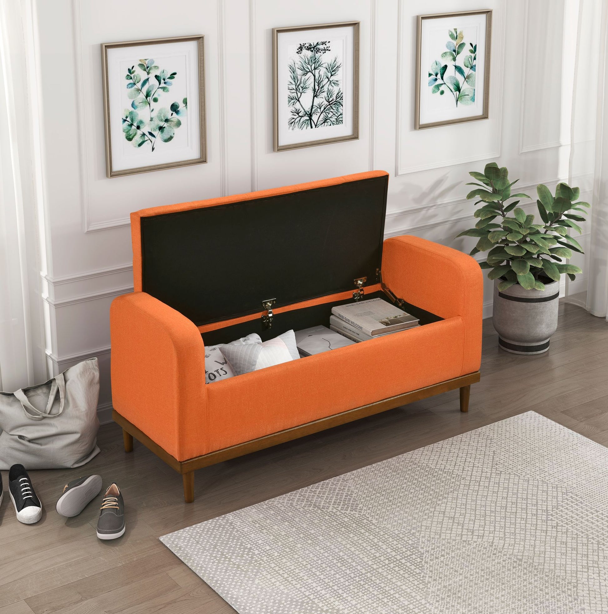 Mid-Century Modern Lift Top Storage Bench 1pc Tufted Orange Upholstered Solid Wood Walnut Finish Wooden Furniture image 2