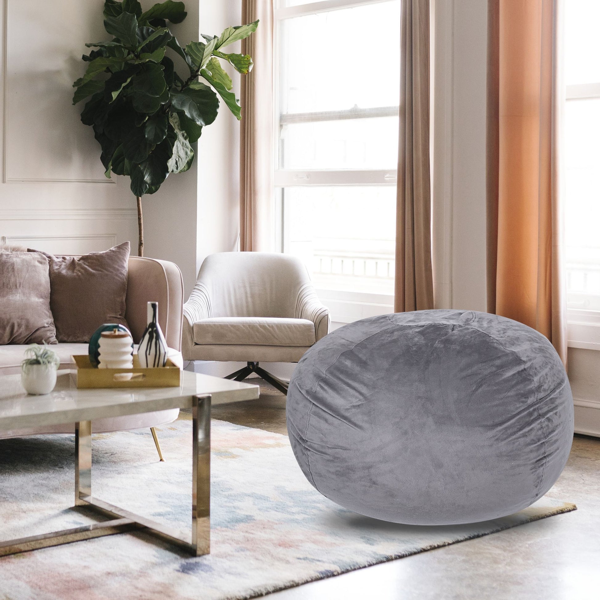 Minky Velvet Bean Bag Chair, Grey-5ft Plush Floor Chair for Kids and Adults w/ Washable Cover, Lounge Chair with Stretch image 1