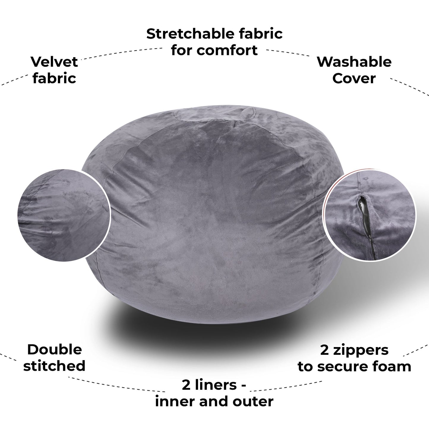 Minky Velvet Bean Bag Chair, Grey-5ft Plush Floor Chair for Kids and Adults w/ Washable Cover, Lounge Chair with Stretch image 3