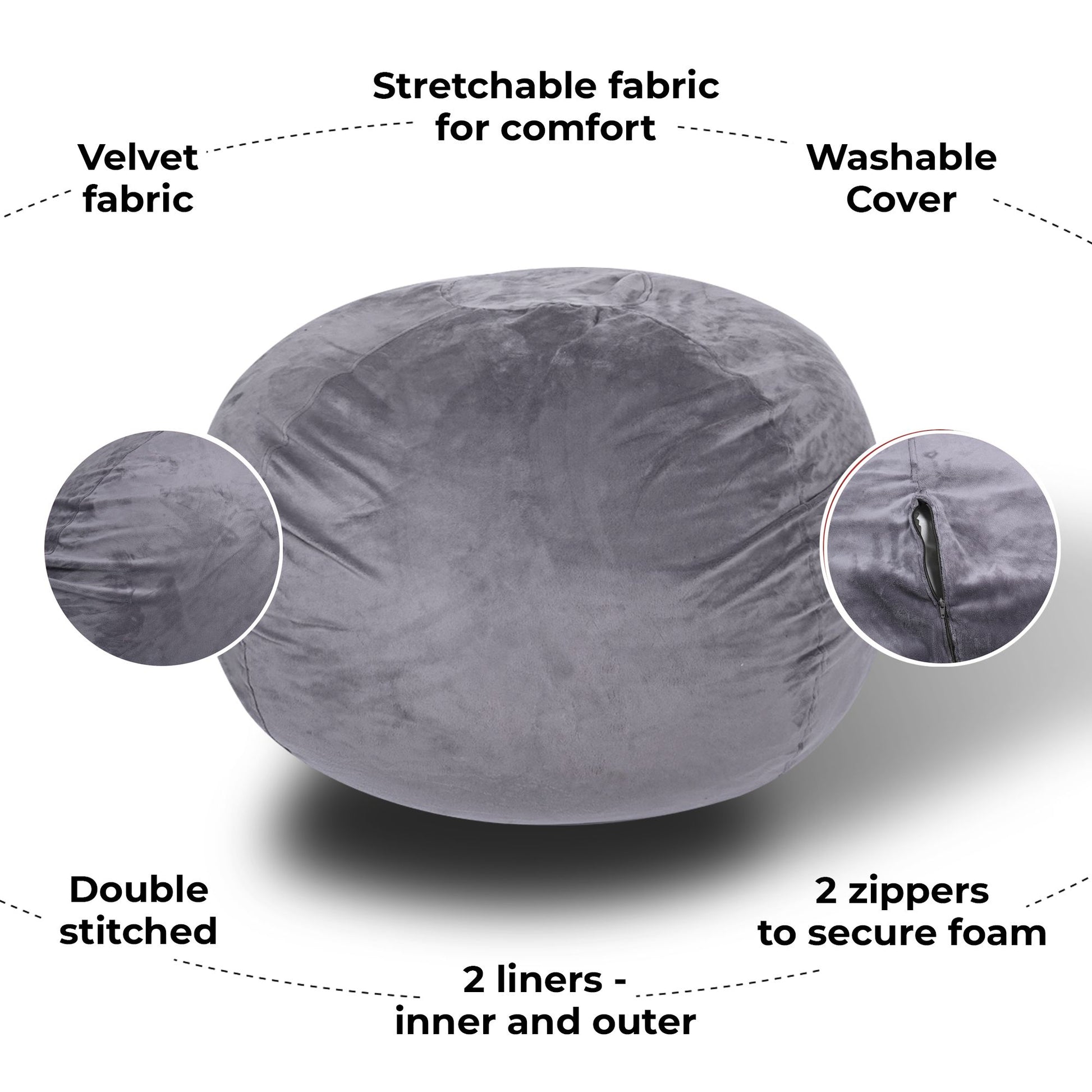 Minky Velvet Bean Bag Chair, Grey-5ft Plush Floor Chair for Kids and Adults w/ Washable Cover, Lounge Chair with Stretch image 3