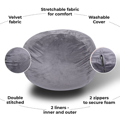 Minky Velvet Bean Bag Chair, Grey-5ft Plush Floor Chair for Kids and Adults w/ Washable Cover, Lounge Chair with Stretch image 3