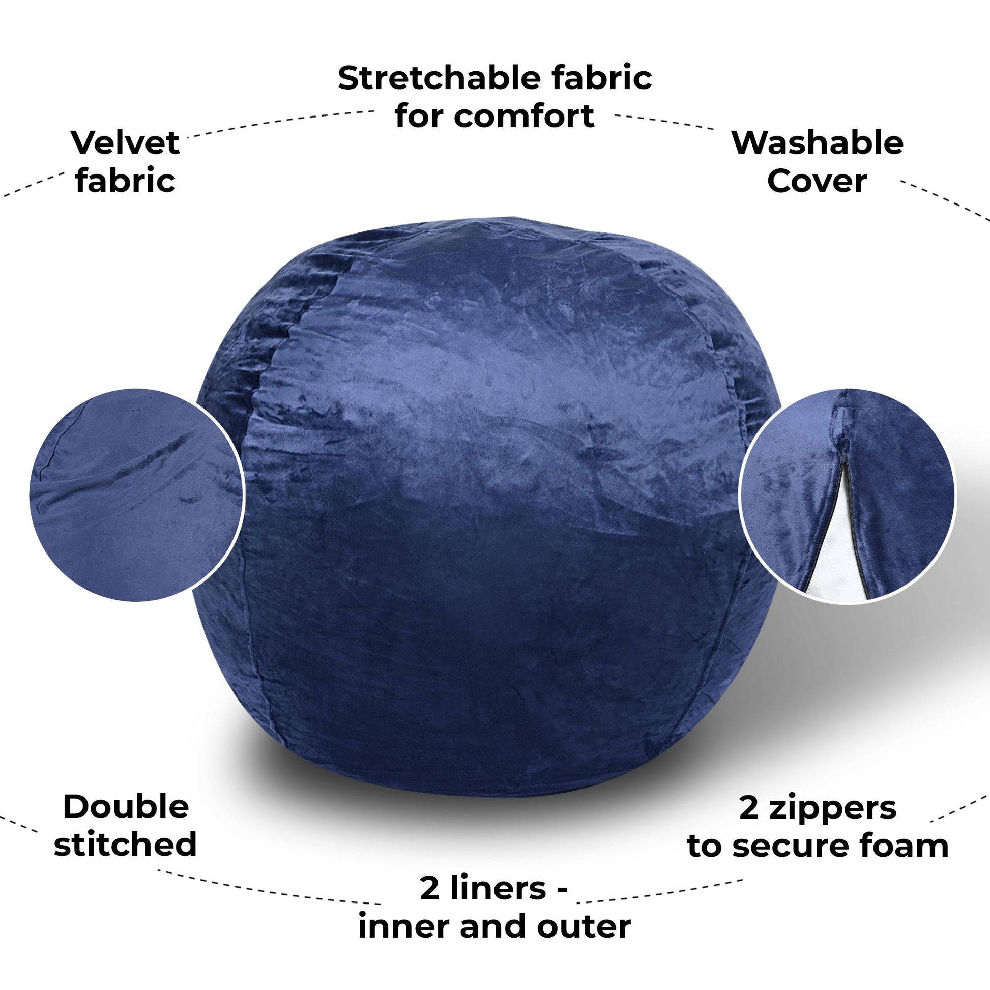 Minky Velvet Bean Bag Chair, Navy-5ft Plush Floor Chair for Kids and Adults w/ Washable Cover, Lounge Chair with Stretch image 3