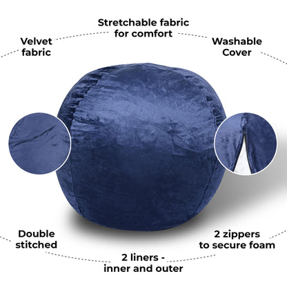 Minky Velvet Bean Bag Chair, Navy-5ft Plush Floor Chair for Kids and Adults w/ Washable Cover, Lounge Chair with Stretch image 3