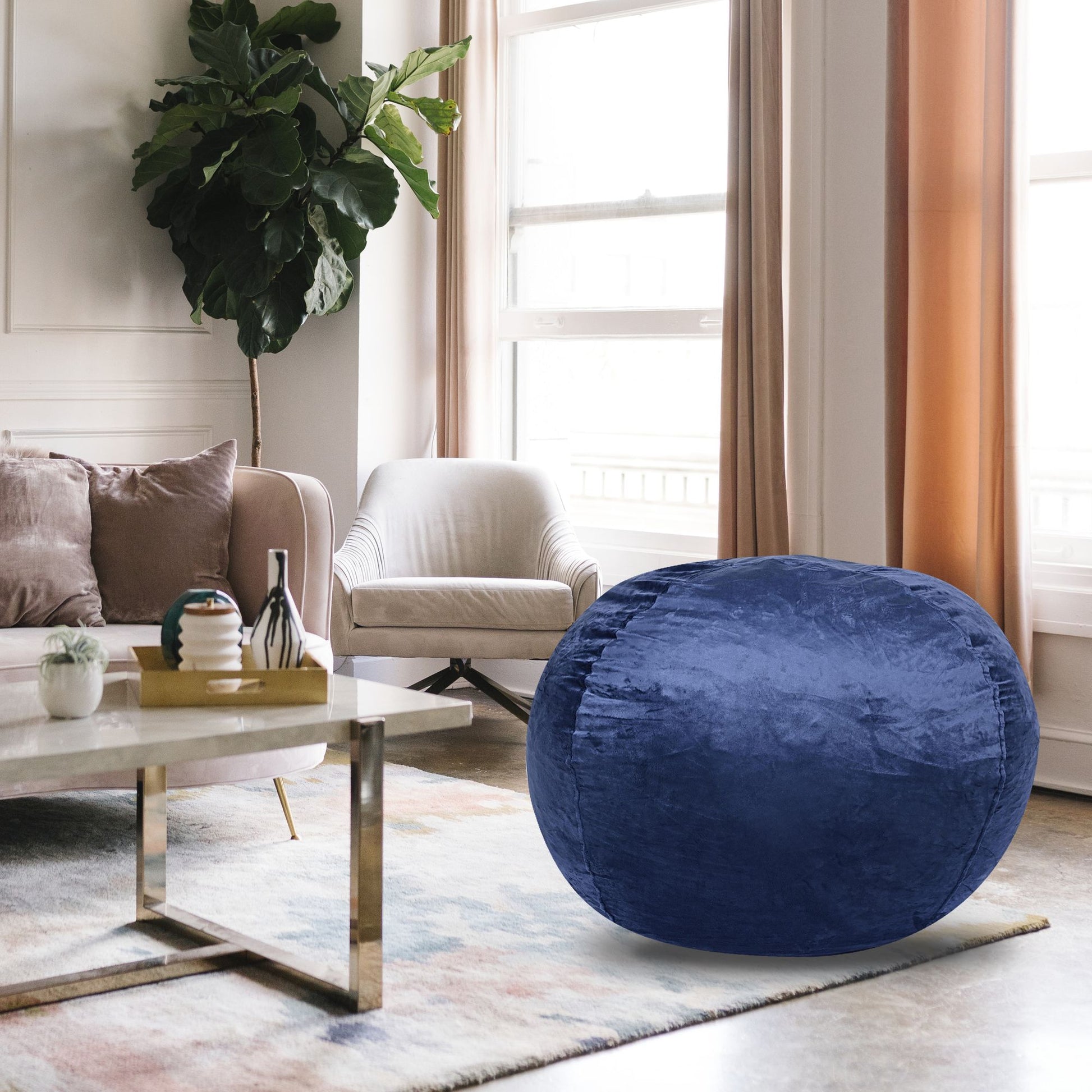 Minky Velvet Bean Bag Chair, Navy-5ft Plush Floor Chair for Kids and Adults w/ Washable Cover, Lounge Chair with Stretch image 1