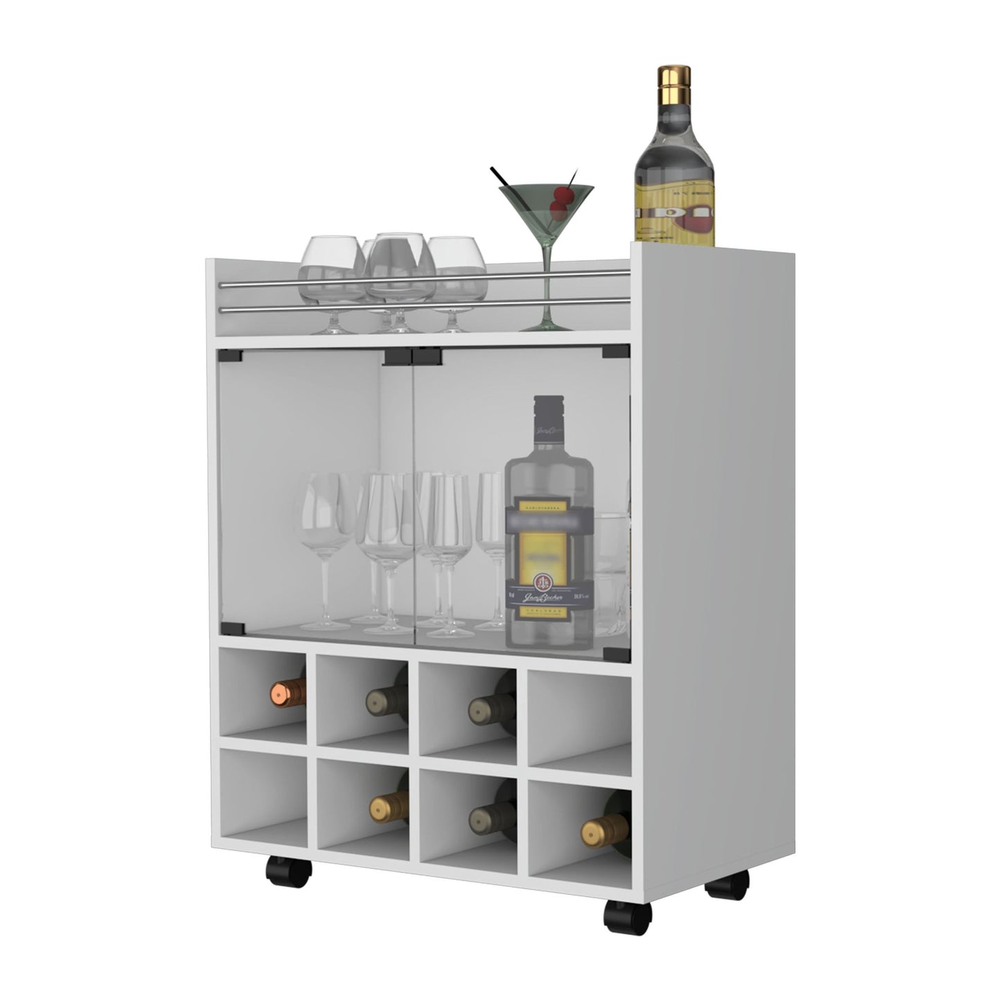 Minneapolis Bar Cart with Integrated 8-Bottle Rack, Glass Encased Cabinet and Aluminum Bar Top image 6