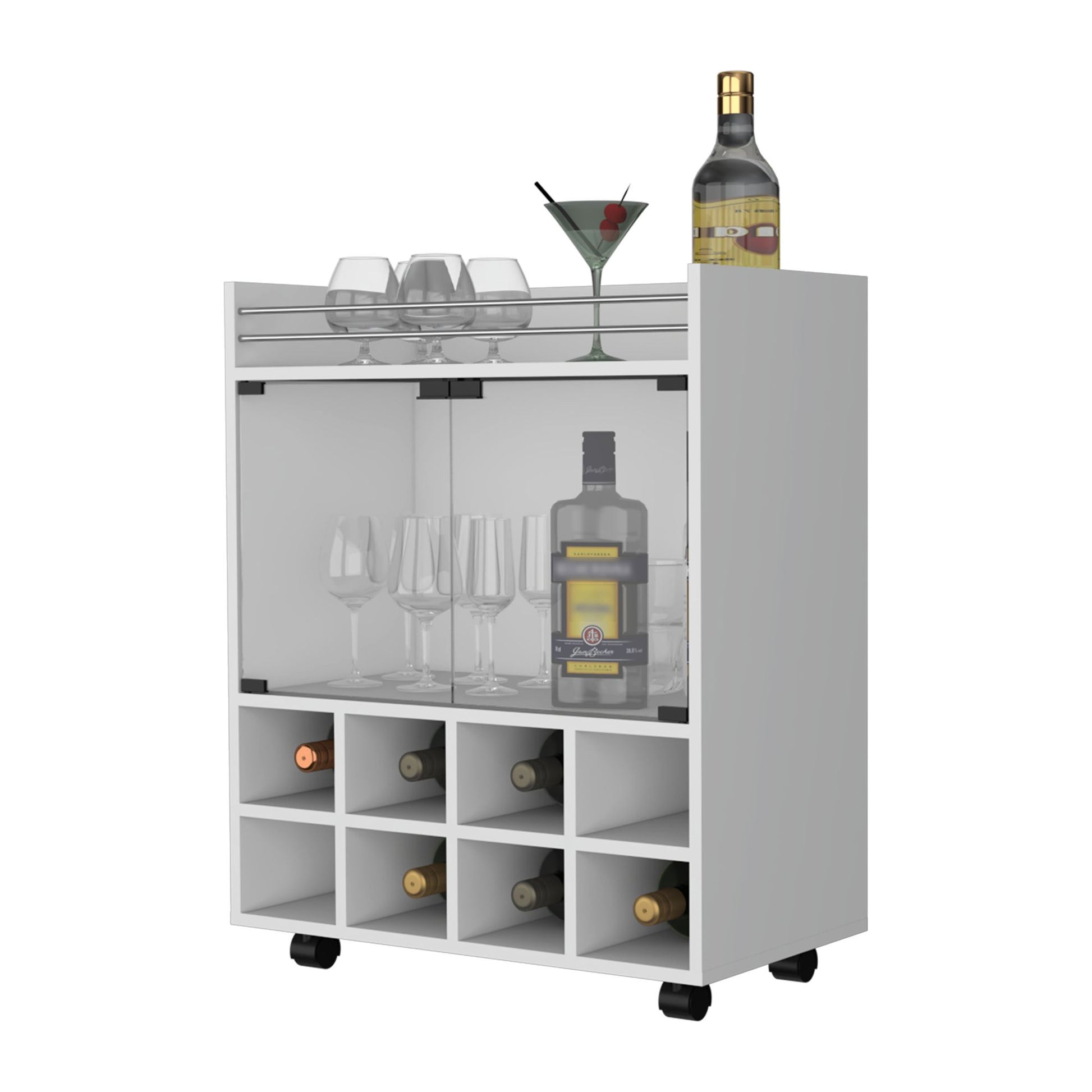 Minneapolis Bar Cart with Integrated 8-Bottle Rack, Glass Encased Cabinet and Aluminum Bar Top image 6