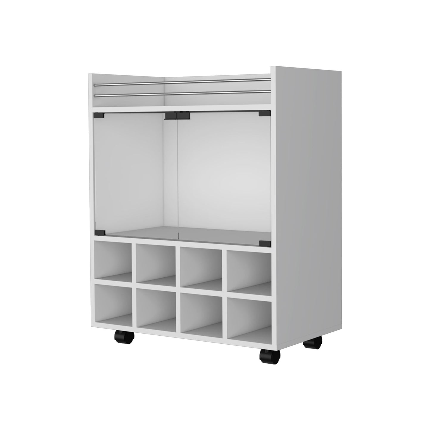 Minneapolis Bar Cart with Integrated 8-Bottle Rack, Glass Encased Cabinet and Aluminum Bar Top image 2