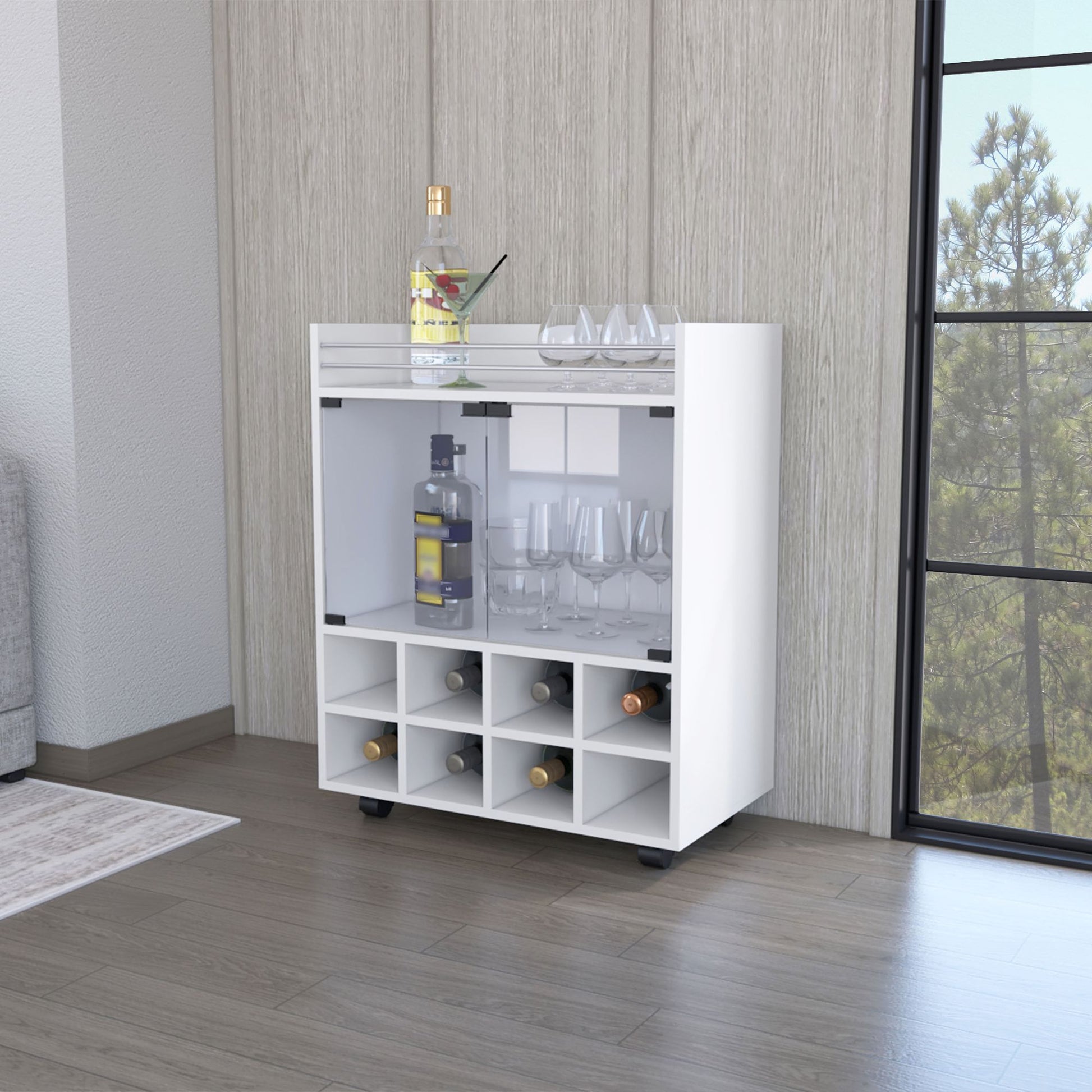 Minneapolis Bar Cart with Integrated 8-Bottle Rack, Glass Encased Cabinet and Aluminum Bar Top image 1