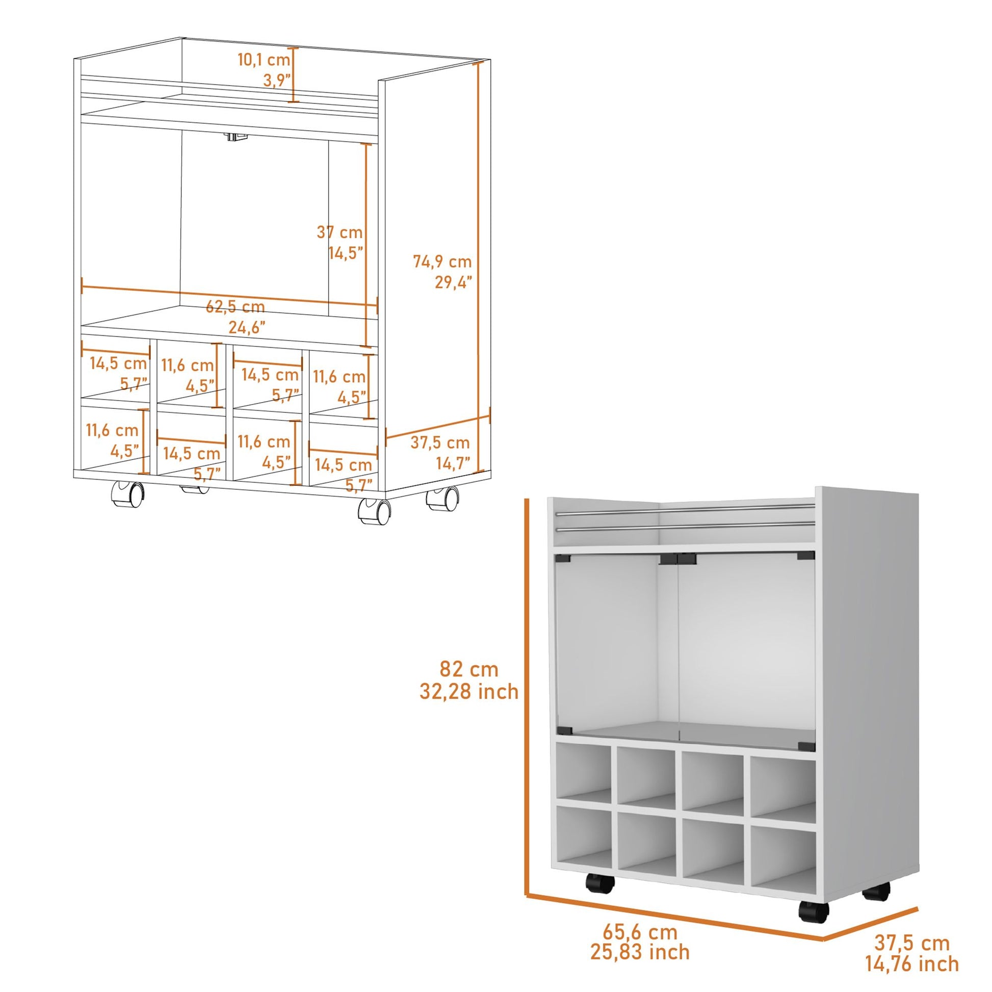 Minneapolis Bar Cart with Integrated 8-Bottle Rack, Glass Encased Cabinet and Aluminum Bar Top image 3