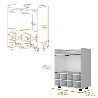 Minneapolis Bar Cart with Integrated 8-Bottle Rack, Glass Encased Cabinet and Aluminum Bar Top image 3