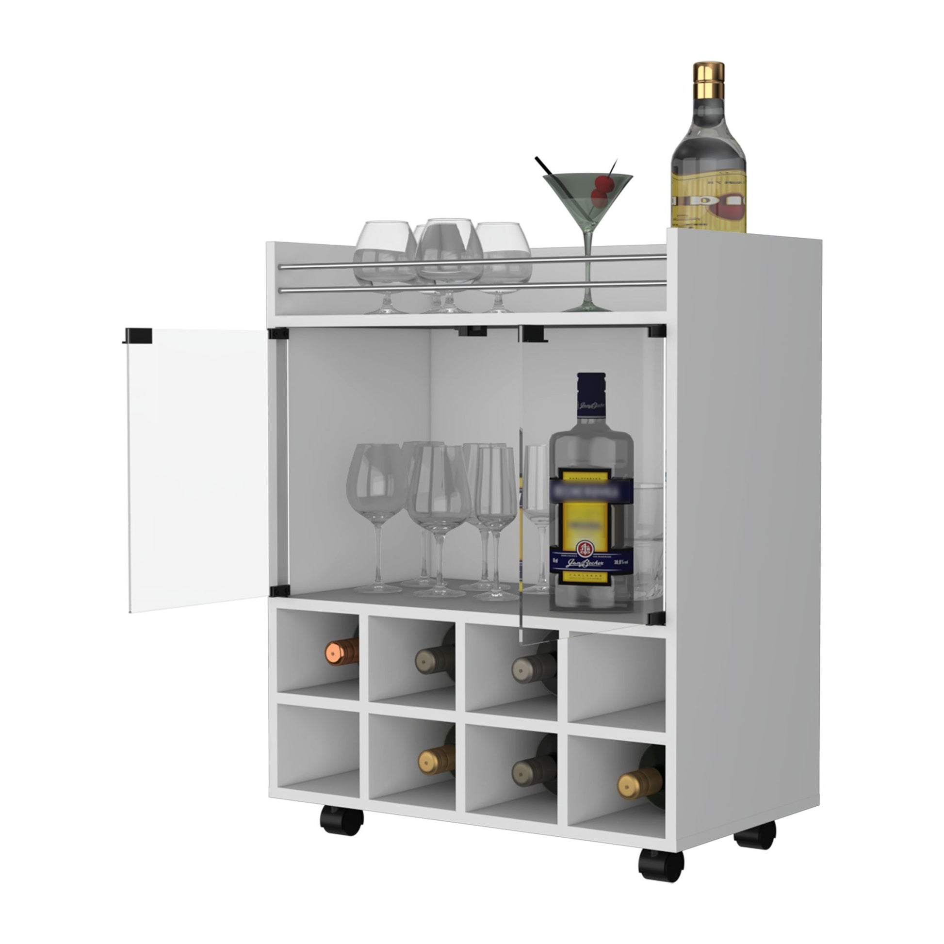 Minneapolis Bar Cart with Integrated 8-Bottle Rack, Glass Encased Cabinet and Aluminum Bar Top image 7