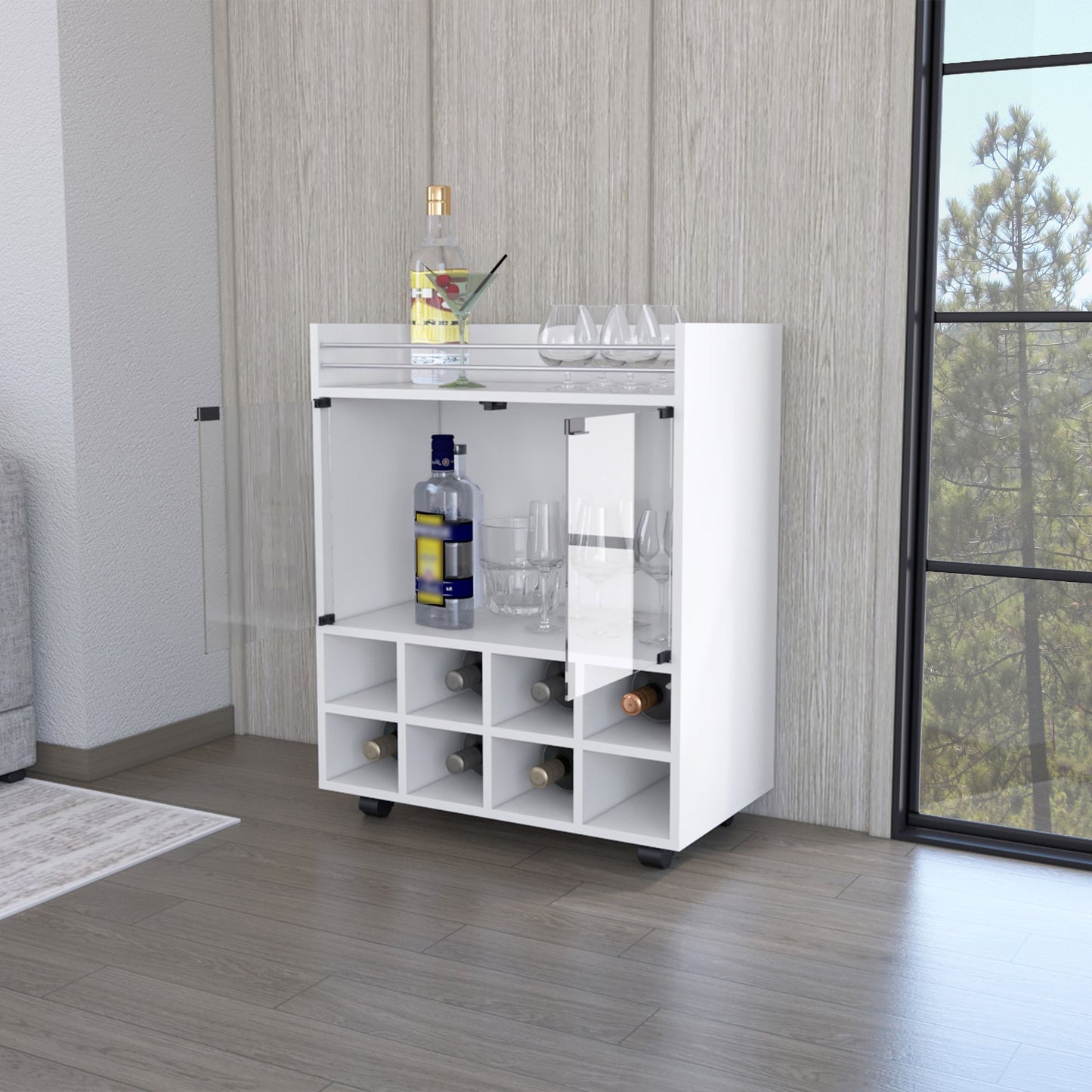 Minneapolis Bar Cart with Integrated 8-Bottle Rack, Glass Encased Cabinet and Aluminum Bar Top image 5