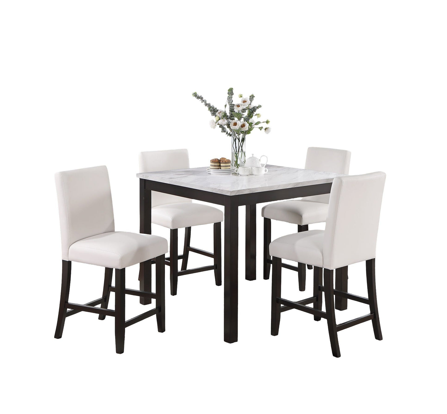 Modern 5pc Counter Height Dining Set Kitchen Dinette Faux Marble Top Table and 4x High Chairs White Faux Leather Cushion image 2