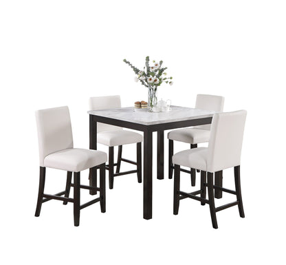 Modern 5pc Counter Height Dining Set Kitchen Dinette Faux Marble Top Table and 4x High Chairs White Faux Leather Cushion image 2