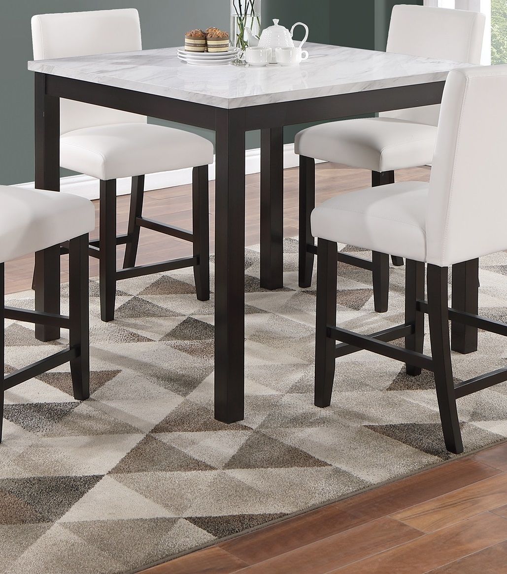Modern 5pc Counter Height Dining Set Kitchen Dinette Faux Marble Top Table and 4x High Chairs White Faux Leather Cushion image 3