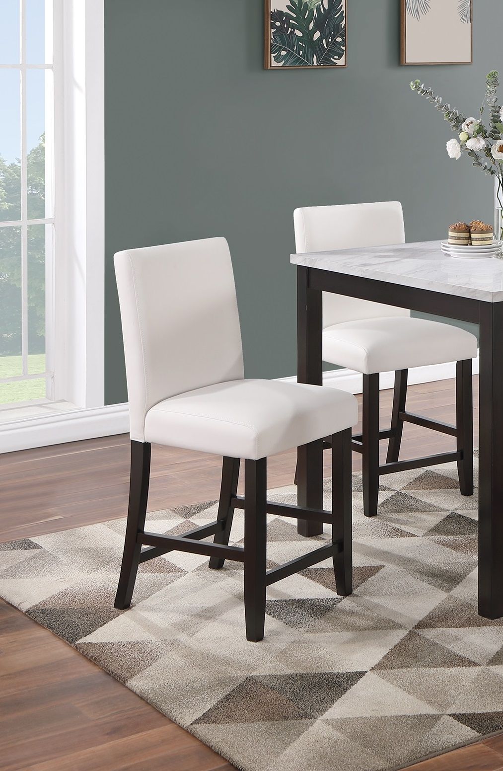 Modern 5pc Counter Height Dining Set Kitchen Dinette Faux Marble Top Table and 4x High Chairs White Faux Leather Cushion image 5