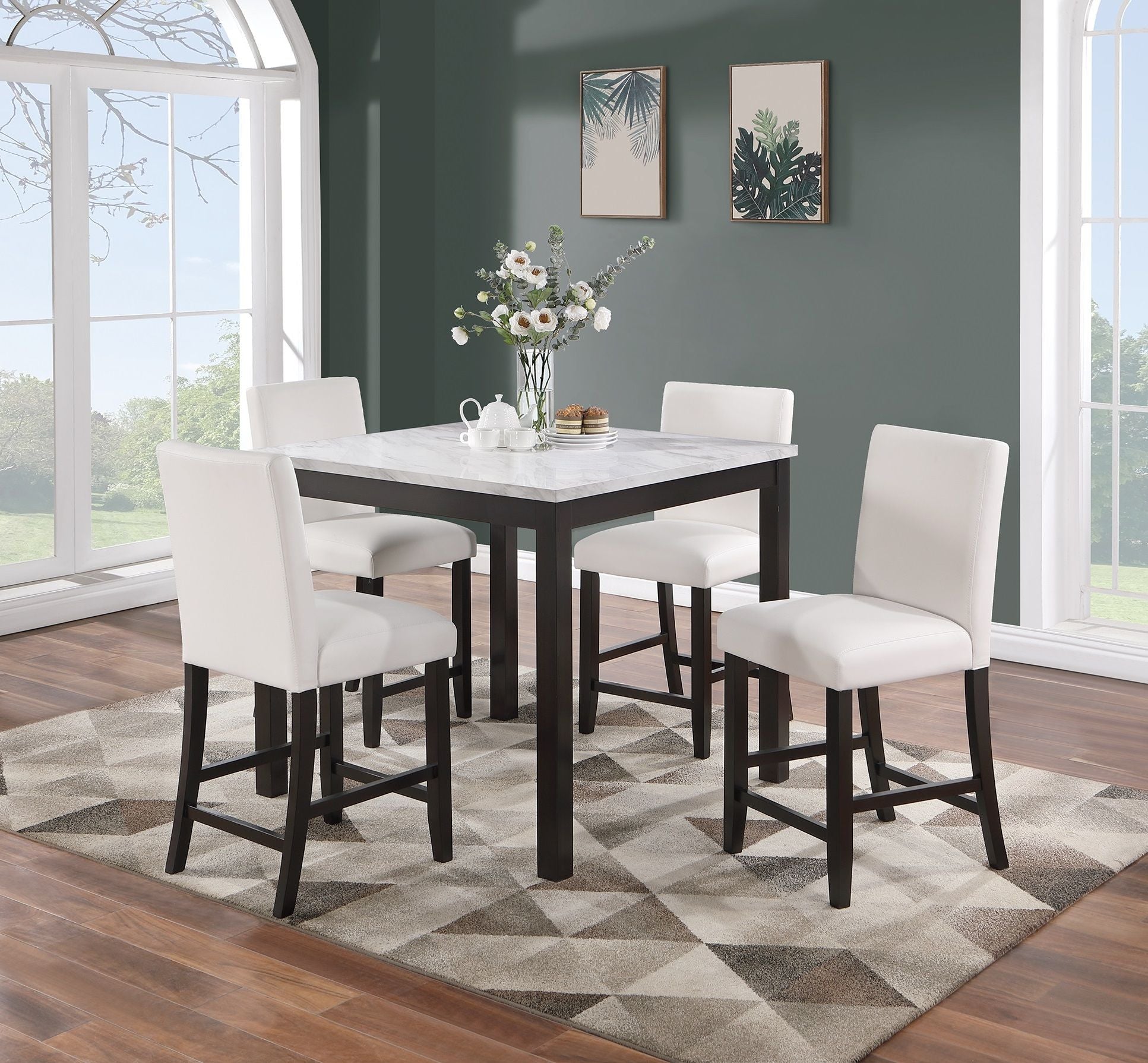 Modern 5pc Counter Height Dining Set Kitchen Dinette Faux Marble Top Table and 4x High Chairs White Faux Leather Cushion image 10