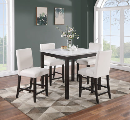 Modern 5pc Counter Height Dining Set Kitchen Dinette Faux Marble Top Table and 4x High Chairs White Faux Leather Cushion image 1