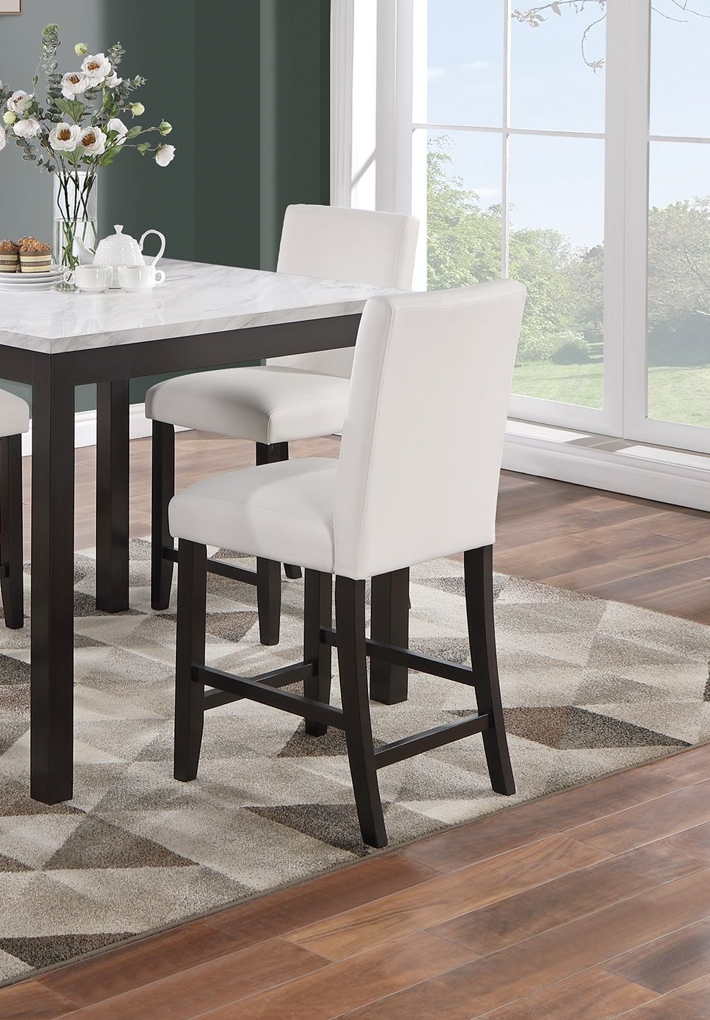 Modern 5pc Counter Height Dining Set Kitchen Dinette Faux Marble Top Table and 4x High Chairs White Faux Leather Cushion image 4