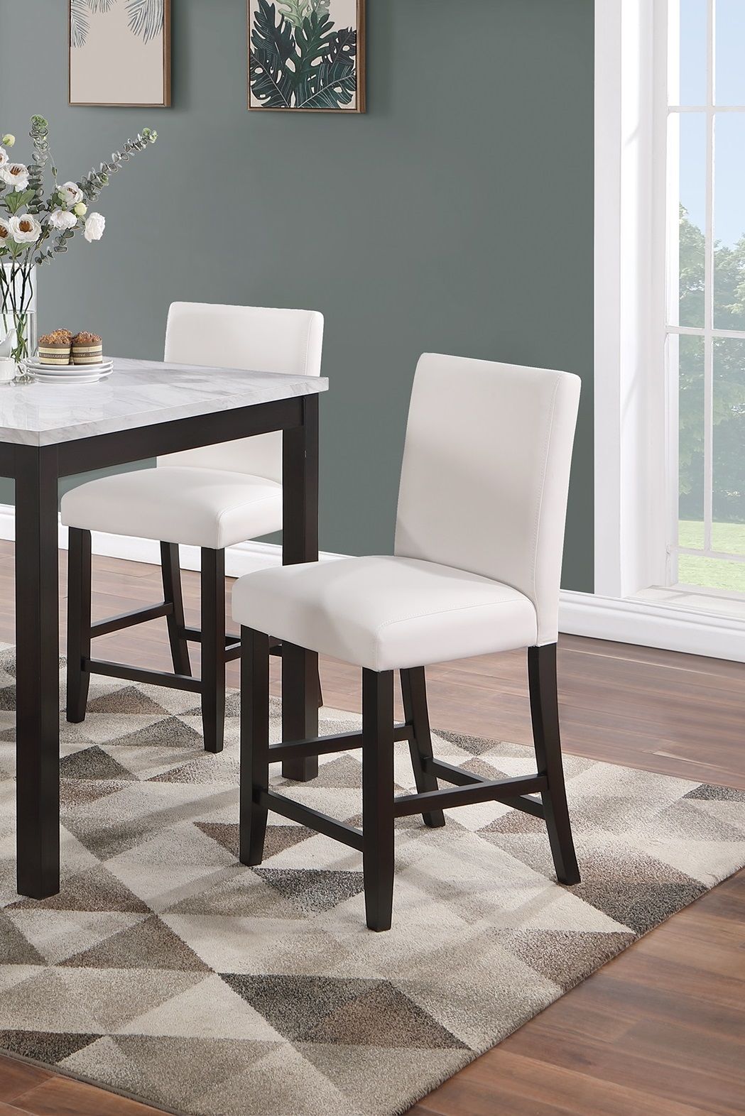 Modern 5pc Counter Height Dining Set Kitchen Dinette Faux Marble Top Table and 4x High Chairs White Faux Leather Cushion image 9
