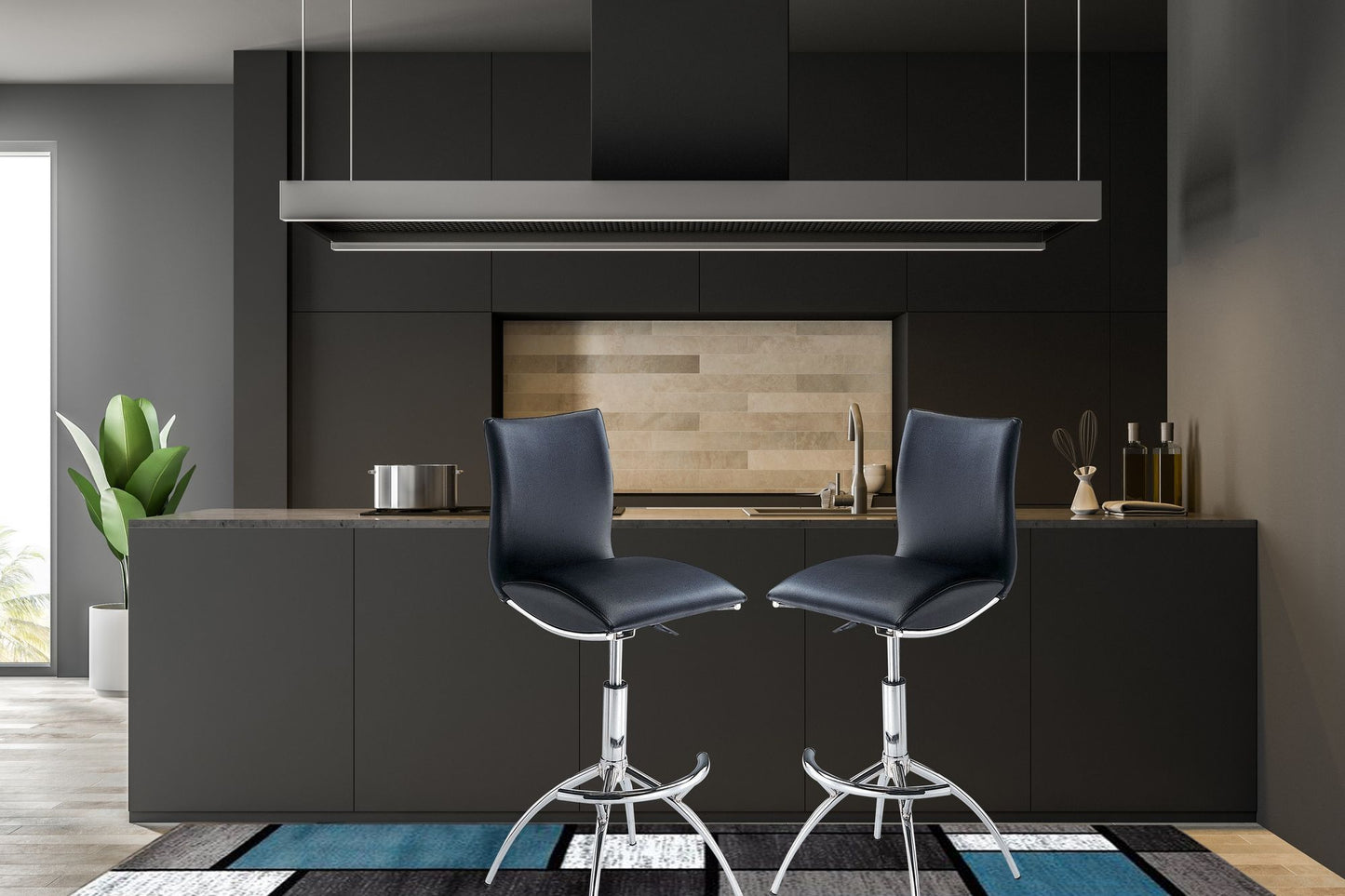 Modern Barstool Leatherette/Chrome Adjustable Height In Black Color image 1