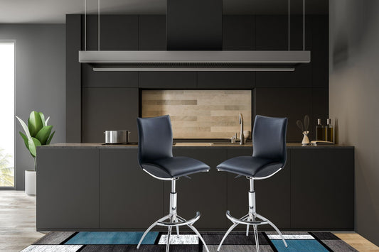 Modern black leatherette adjustable bar stool with chrome legs - front view