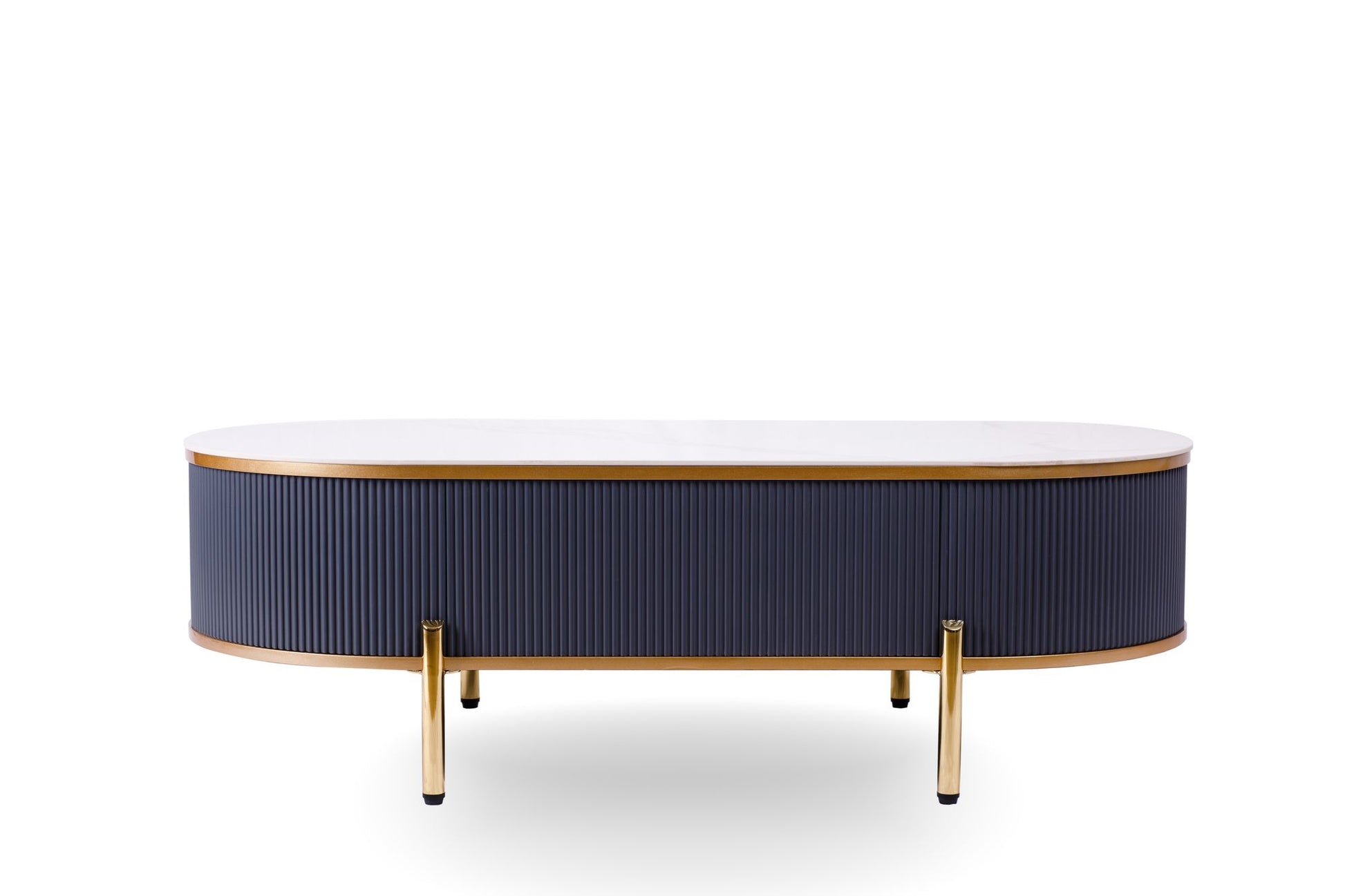 Modern coffee table white gray sintered stone top gold with drawer side view