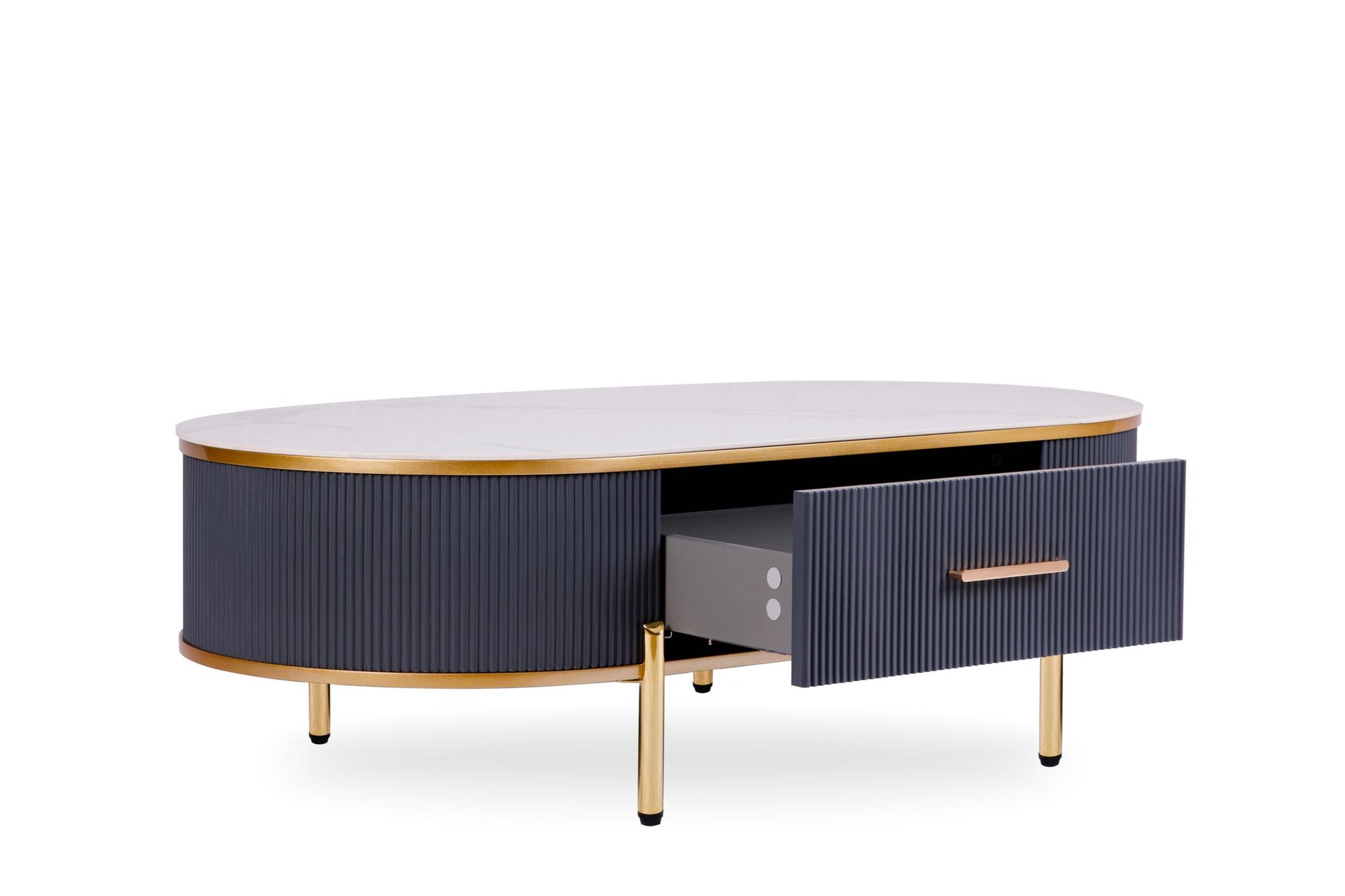 Modern coffee table white gray sintered stone top gold with drawer drawer open