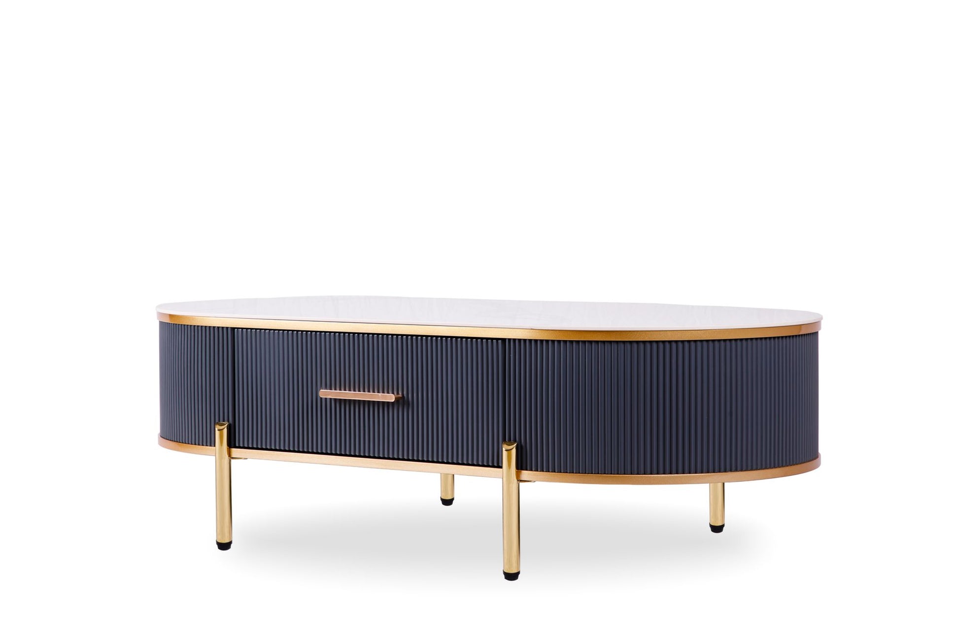 Modern coffee table white gray sintered stone top gold with drawer angle view