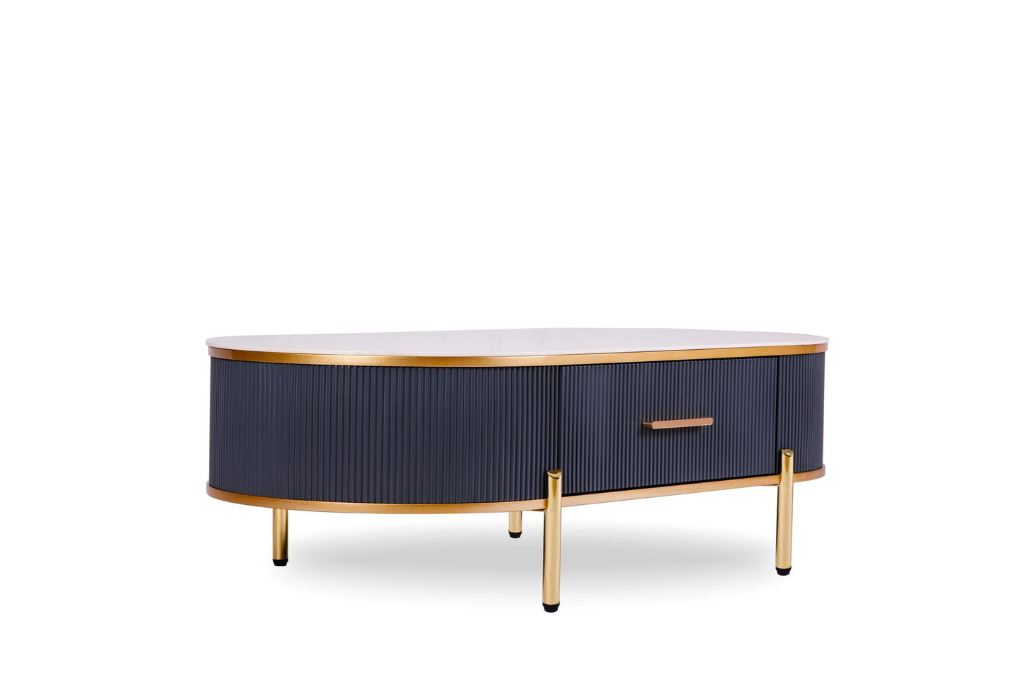 Modern coffee table white gray sintered stone top gold with drawer detail gold accent
