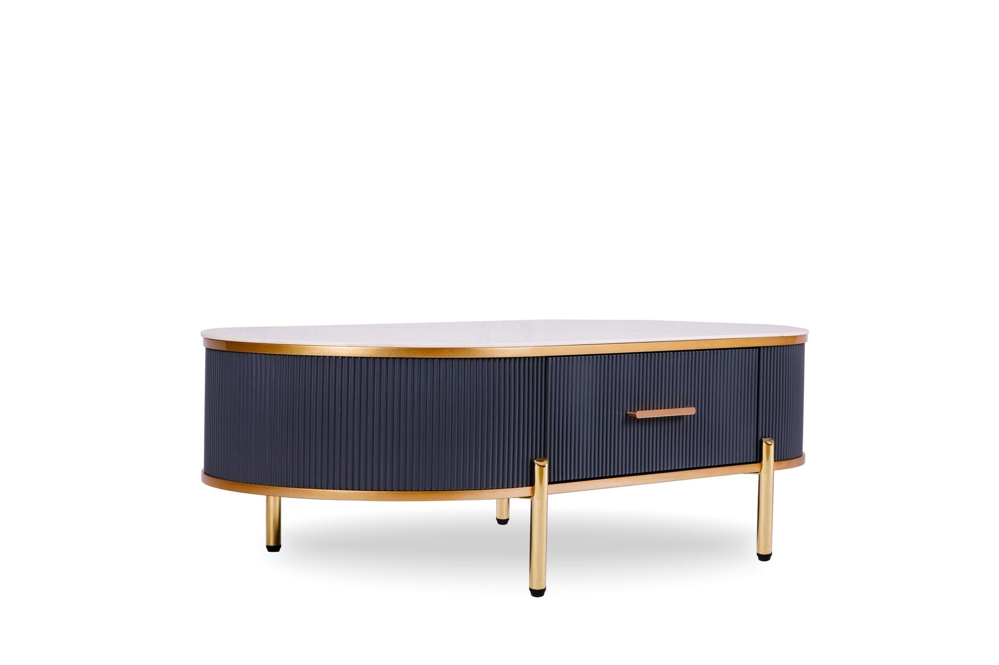 Modern coffee table white gray sintered stone top gold with drawer detail gold accent