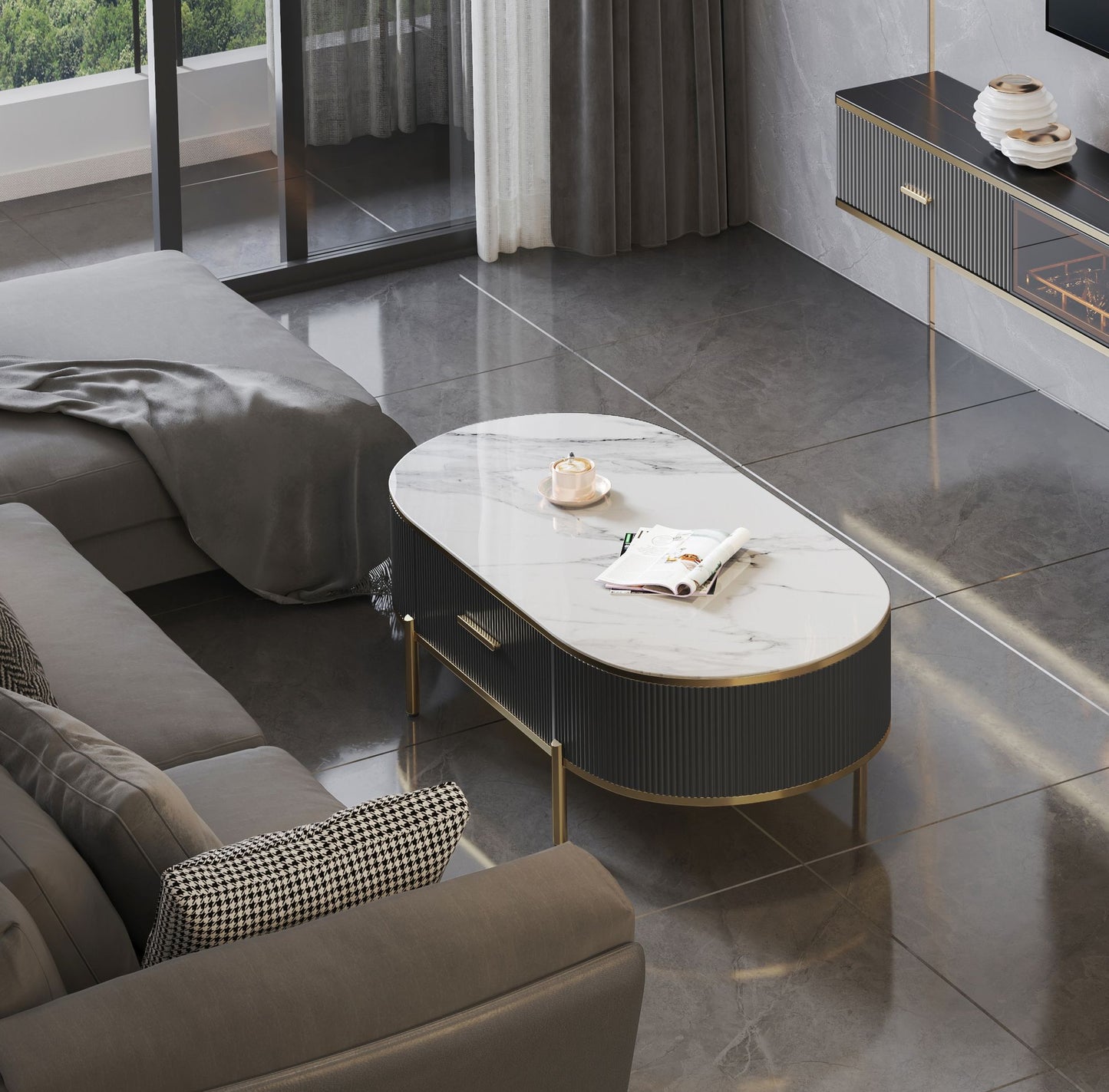 Modern coffee table white gray sintered stone top gold with drawer front view