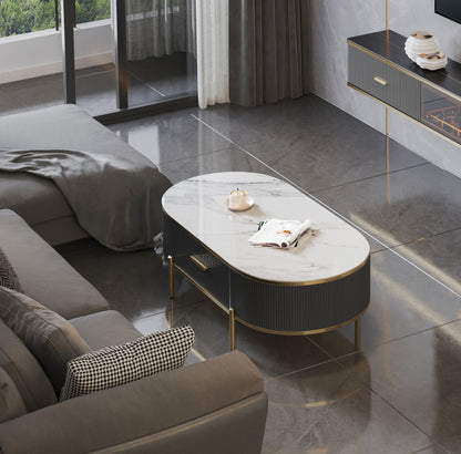 Modern coffee table white gray sintered stone top gold with drawer front view