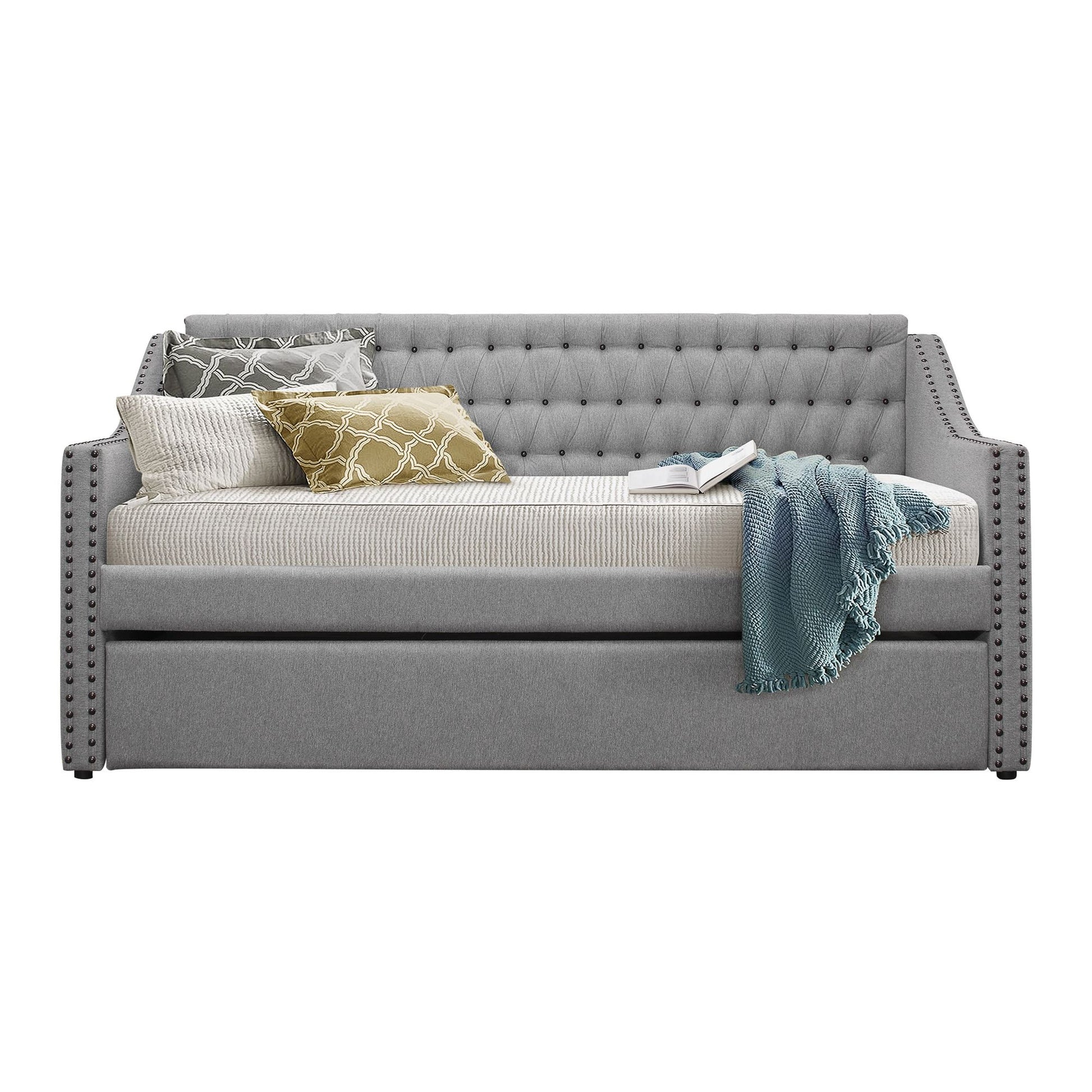 Modern Design Gray Fabric Upholstered 1pc Sofa Bed w Trundle Button-Tufted Detail Nailhead Trim Daybed Wooden Furniture image 5
