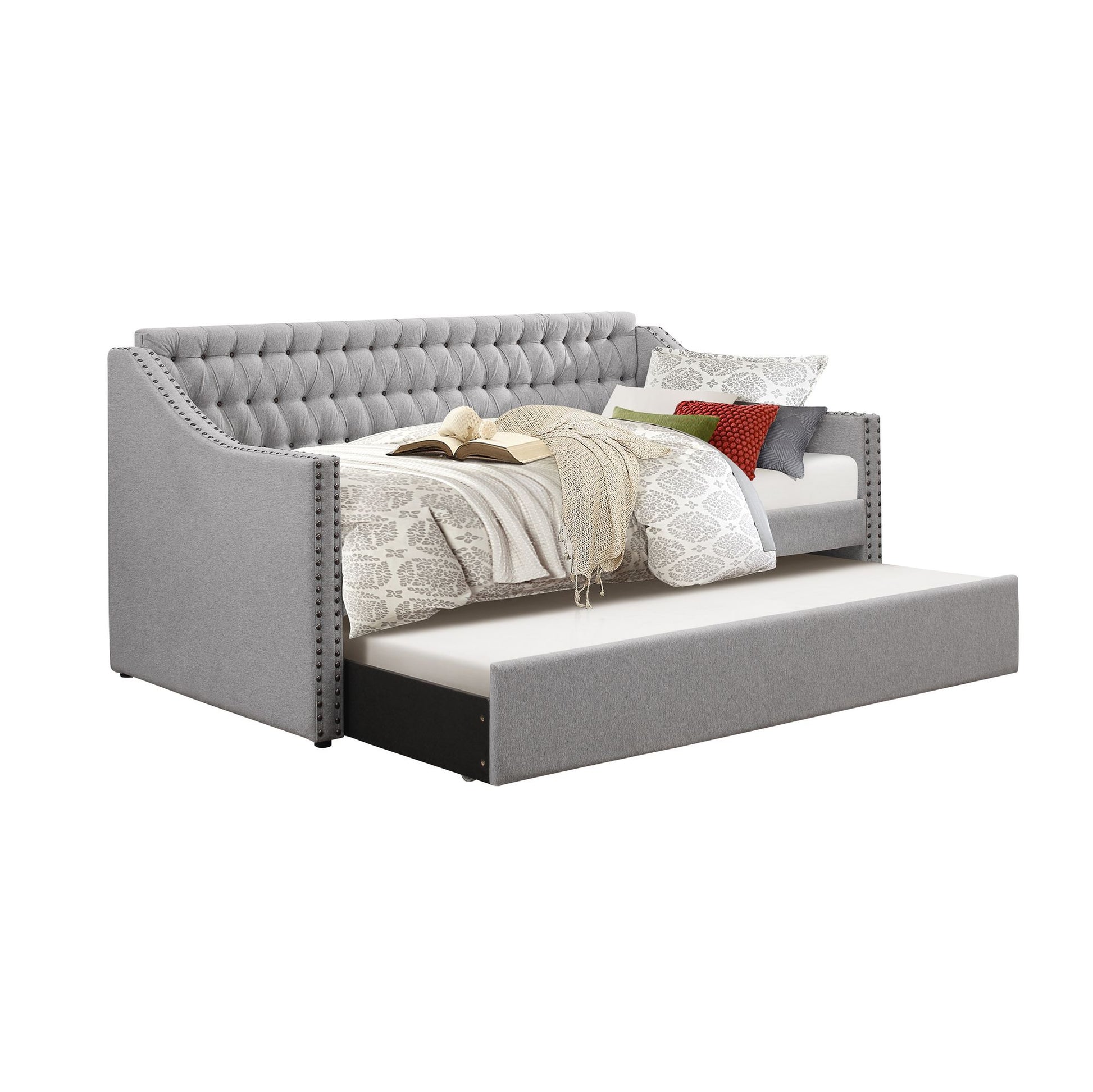 Modern Design Gray Fabric Upholstered 1pc Sofa Bed w Trundle Button-Tufted Detail Nailhead Trim Daybed Wooden Furniture image 4