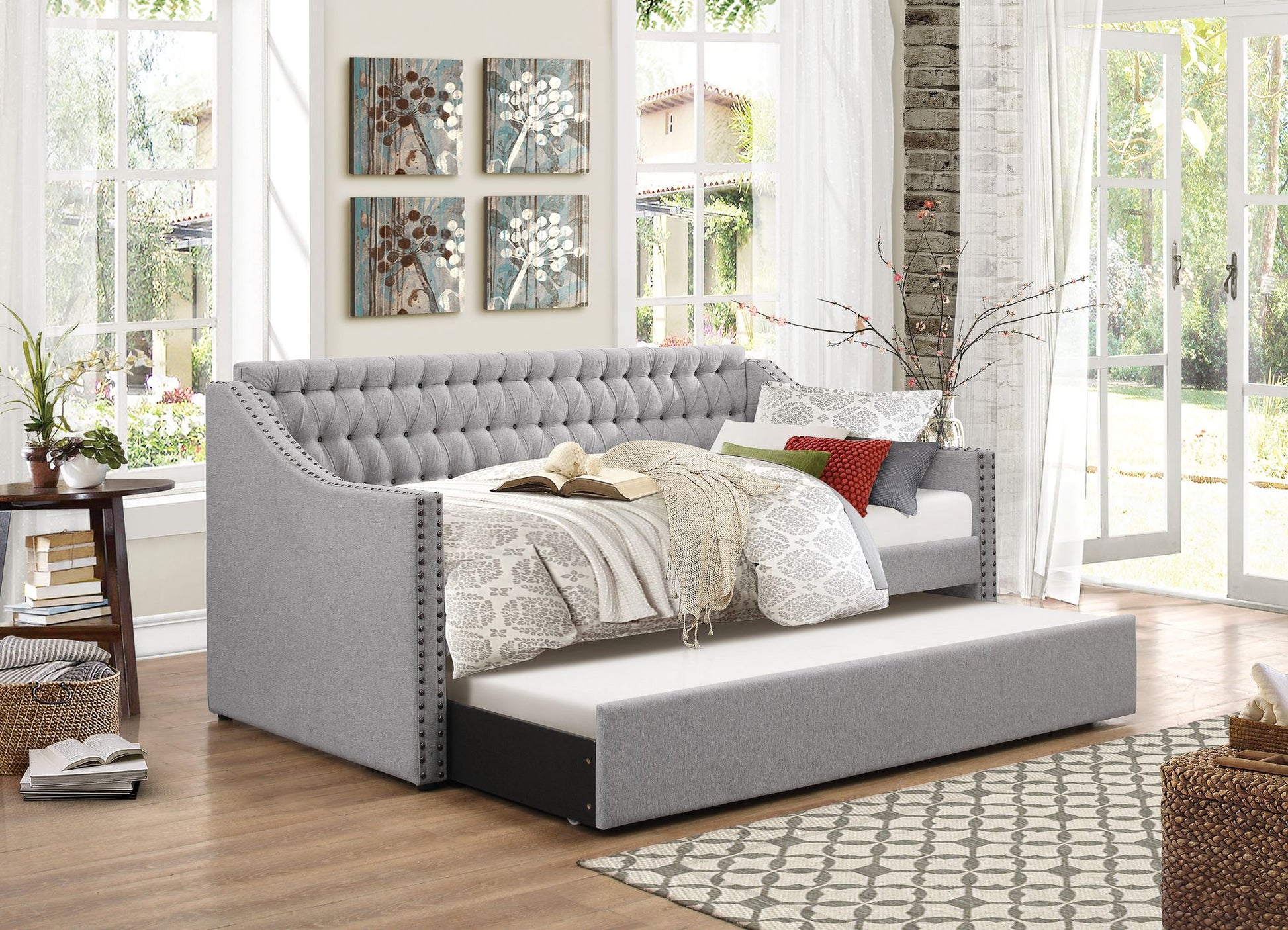 Modern Design Gray Fabric Upholstered 1pc Sofa Bed w Trundle Button-Tufted Detail Nailhead Trim Daybed Wooden Furniture image 1