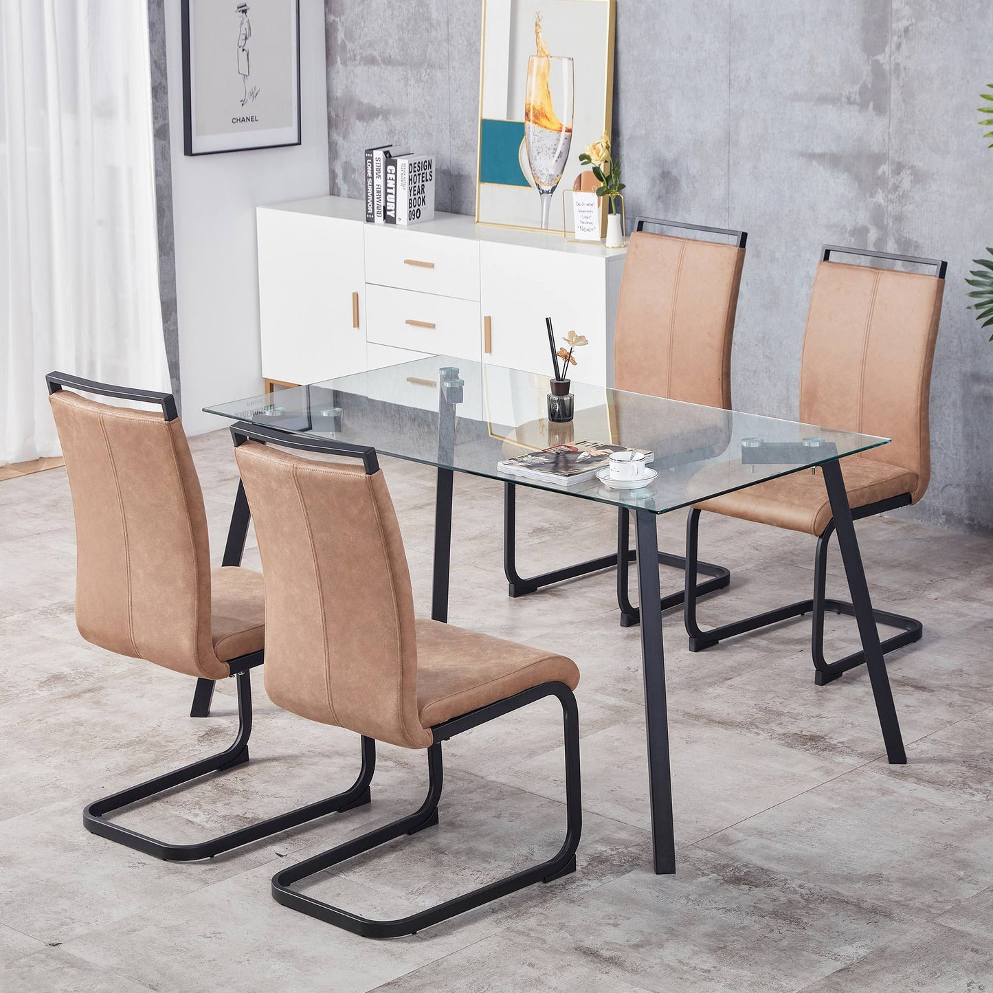 Modern dining chairs set of 4 brown technology cloth high back side chair with black metal legs multiple chairs stacked
