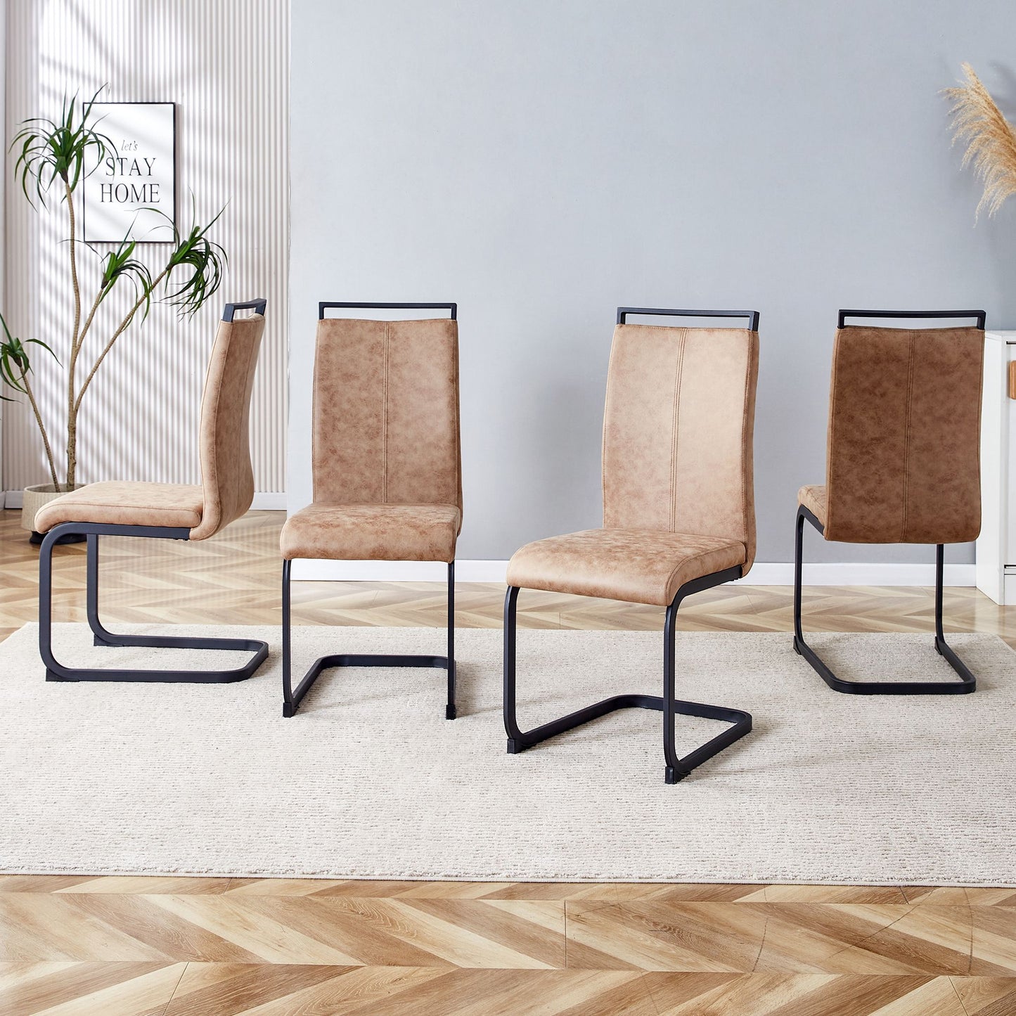Modern dining chairs set of 4 brown technology cloth high back side chair with black metal legs angled view