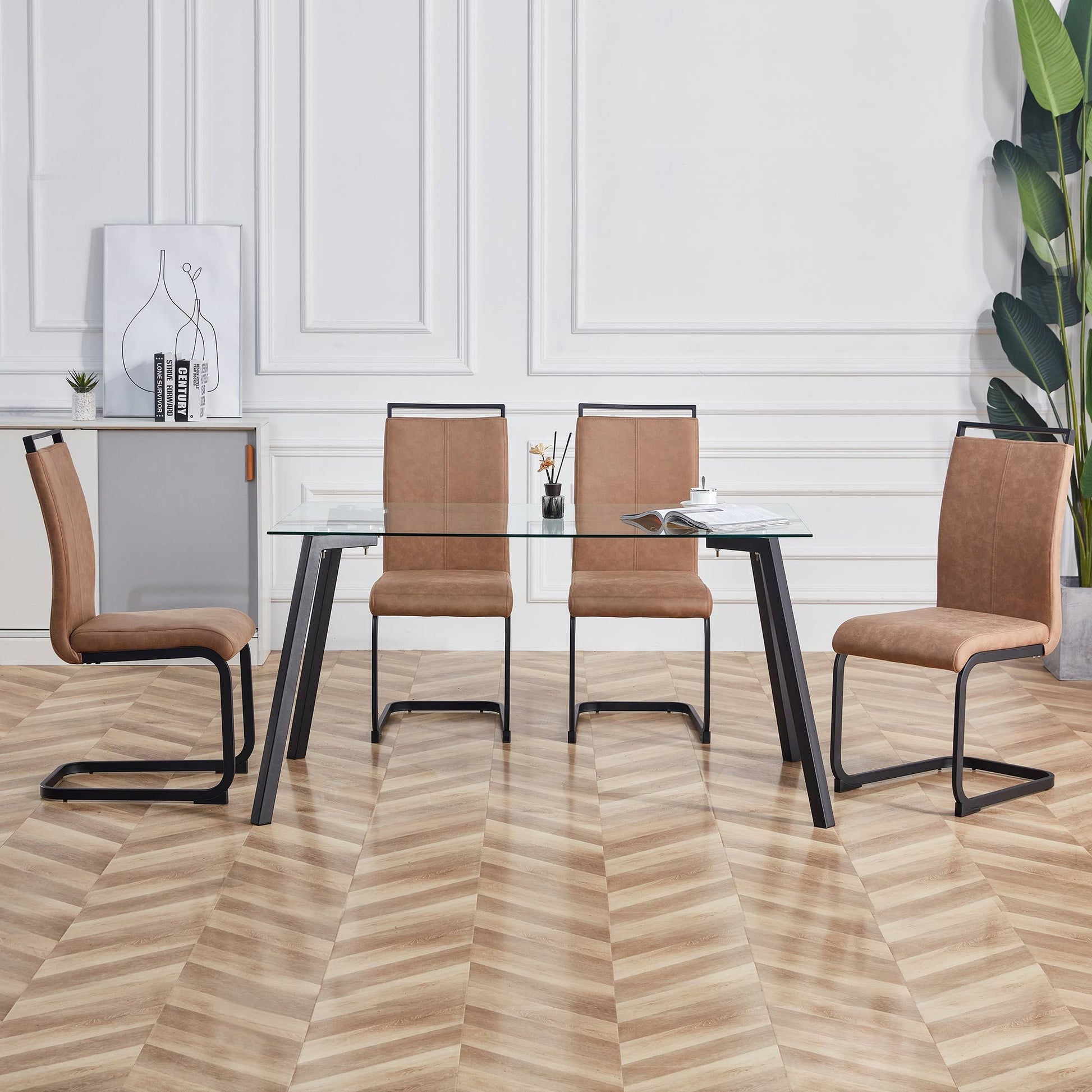 Modern dining chairs set of 4 brown technology cloth high back side chair with black metal legs bottom view footpads